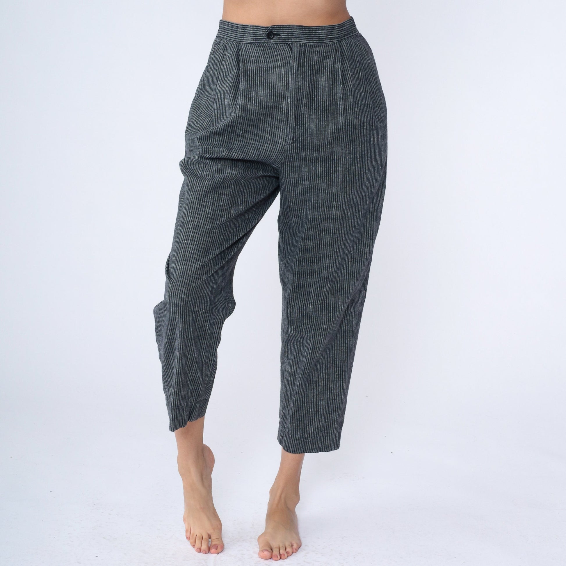 80s Grey Pinstripe High-Rise Trousers Pleated Straight Leg Medium