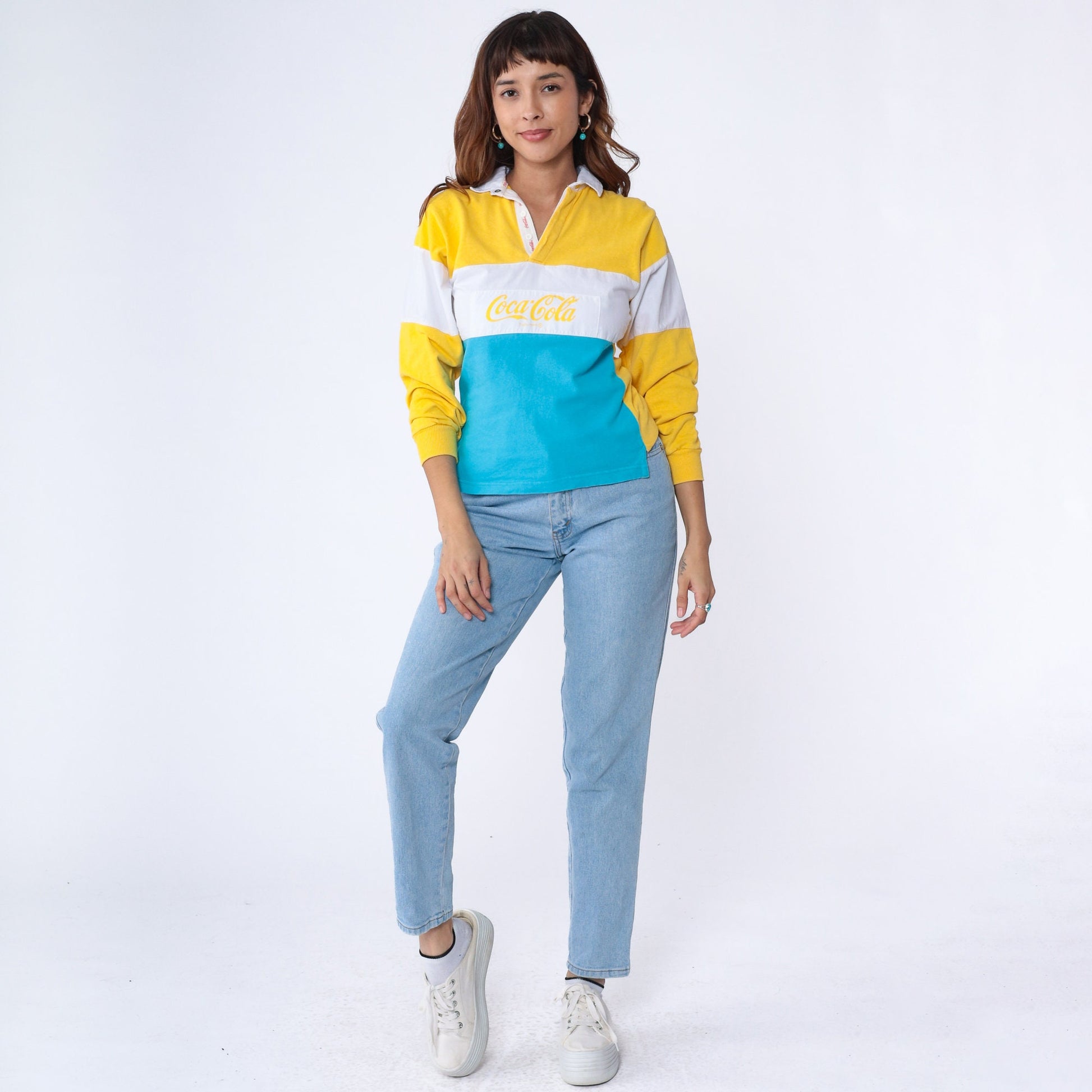 90s Coca-Cola Colour Block Polo Long Sleeve Graphic Tee White Blue Yellow Extra Small