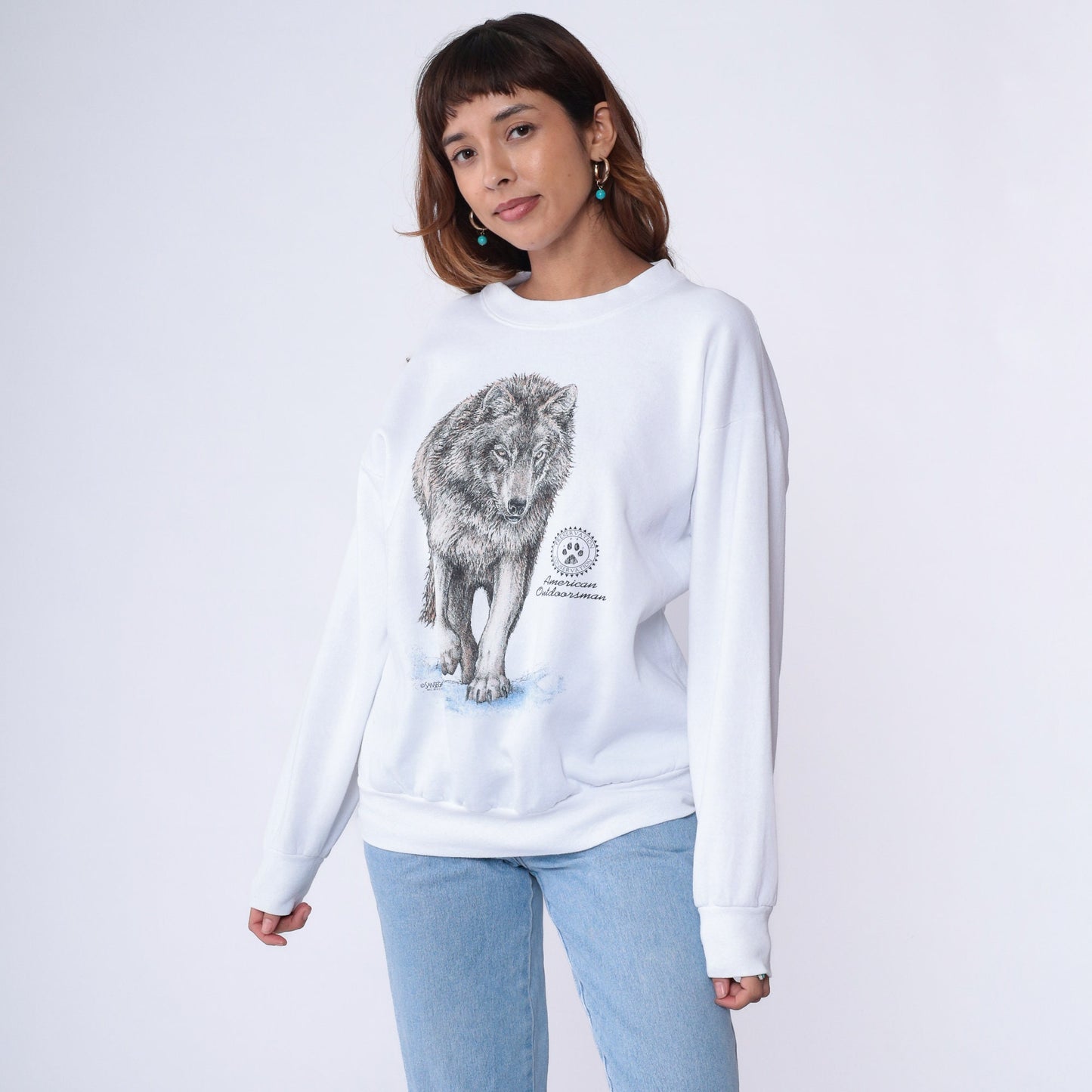 90s Wolf American Outdoorsman Graphic Sweatshirt White Crewneck Large