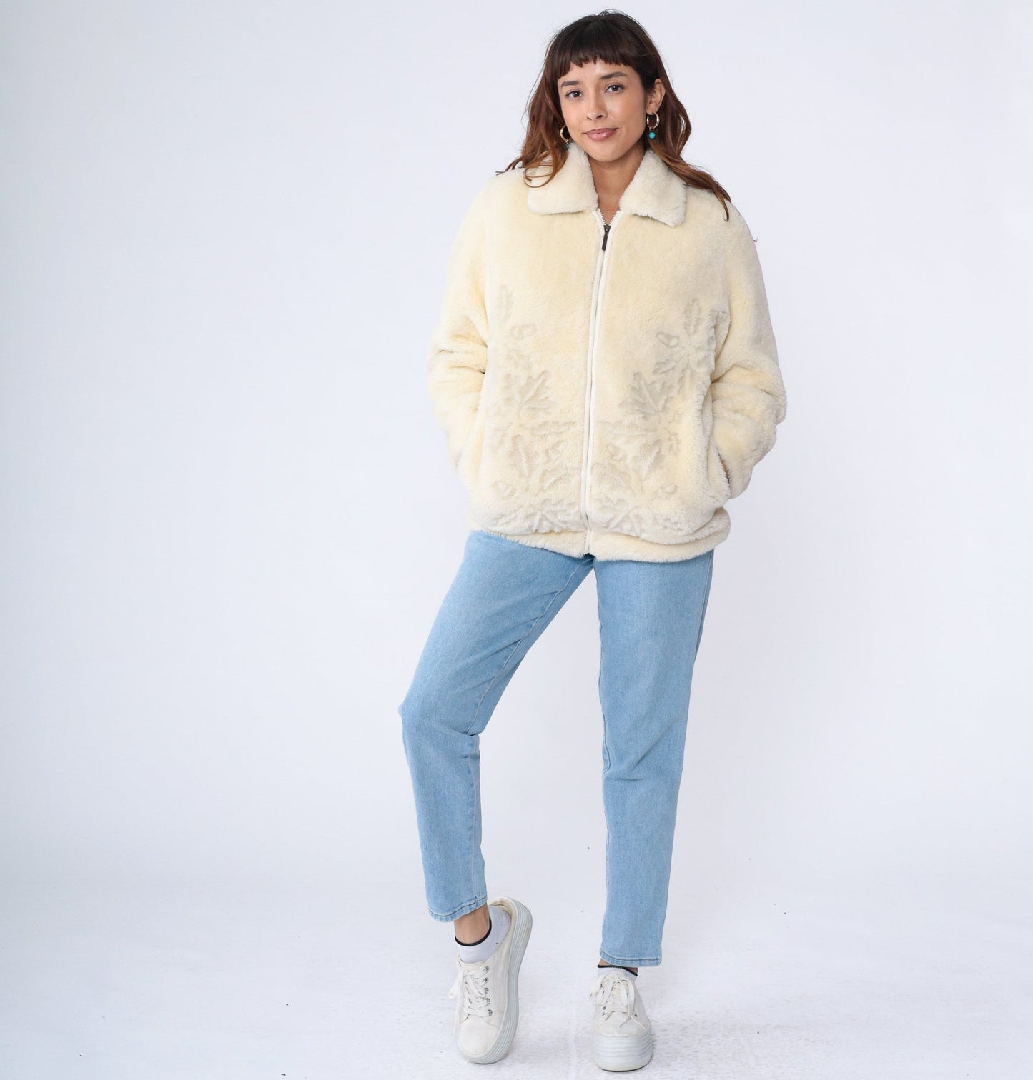 00s Cream Faux Fur Jacket Leaf Print Zip-Up Medium