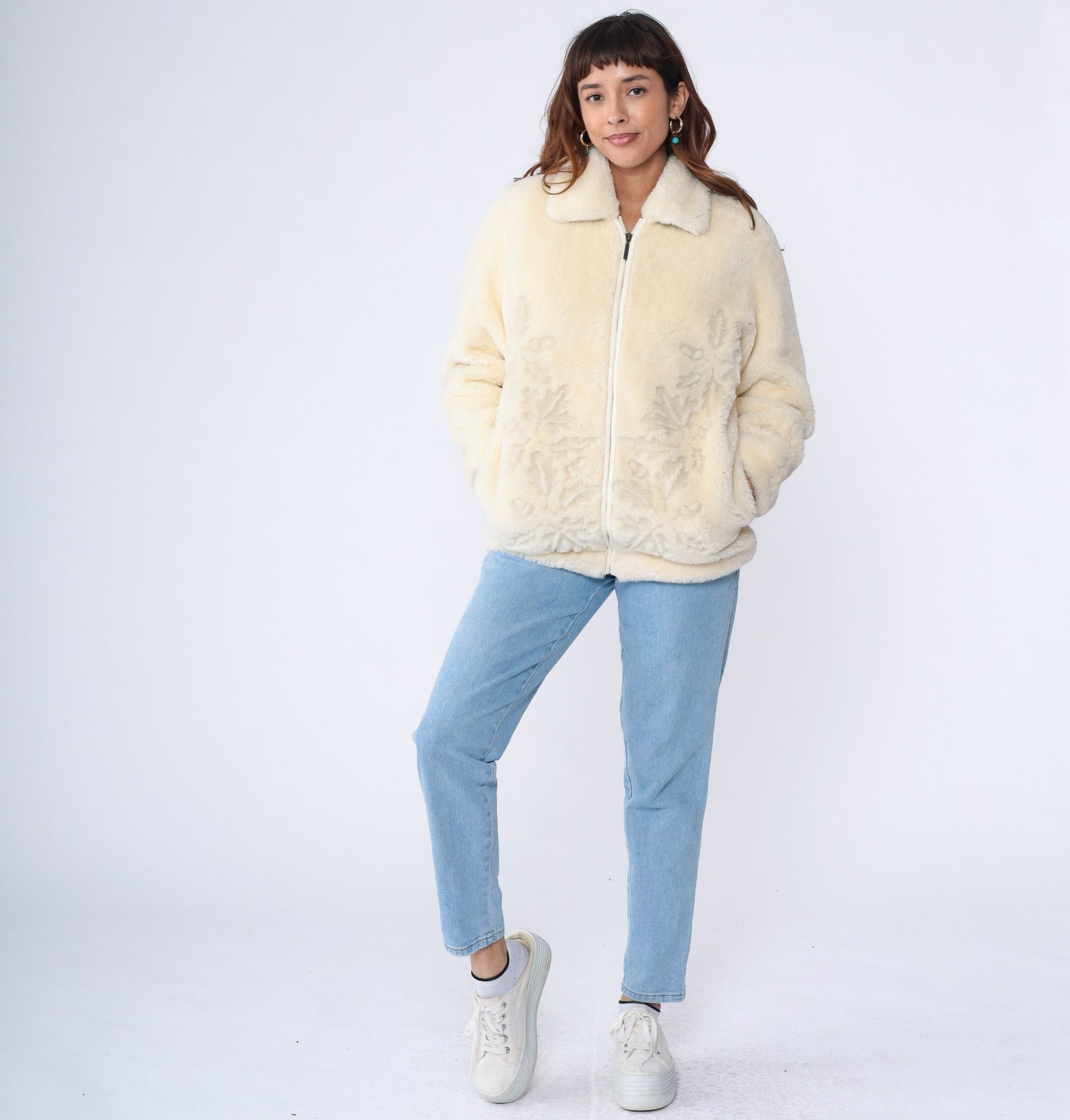 00s Cream Faux Fur Jacket Leaf Print Zip-Up Medium