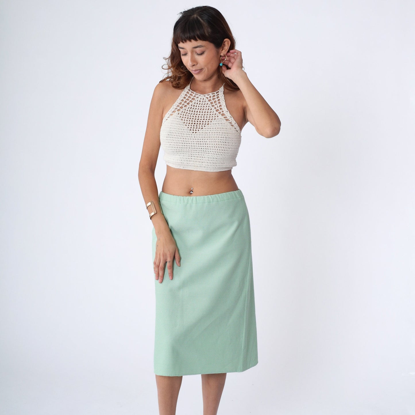 70s Striped Midi Skirt Green White High Waist Straight Polyester Large L