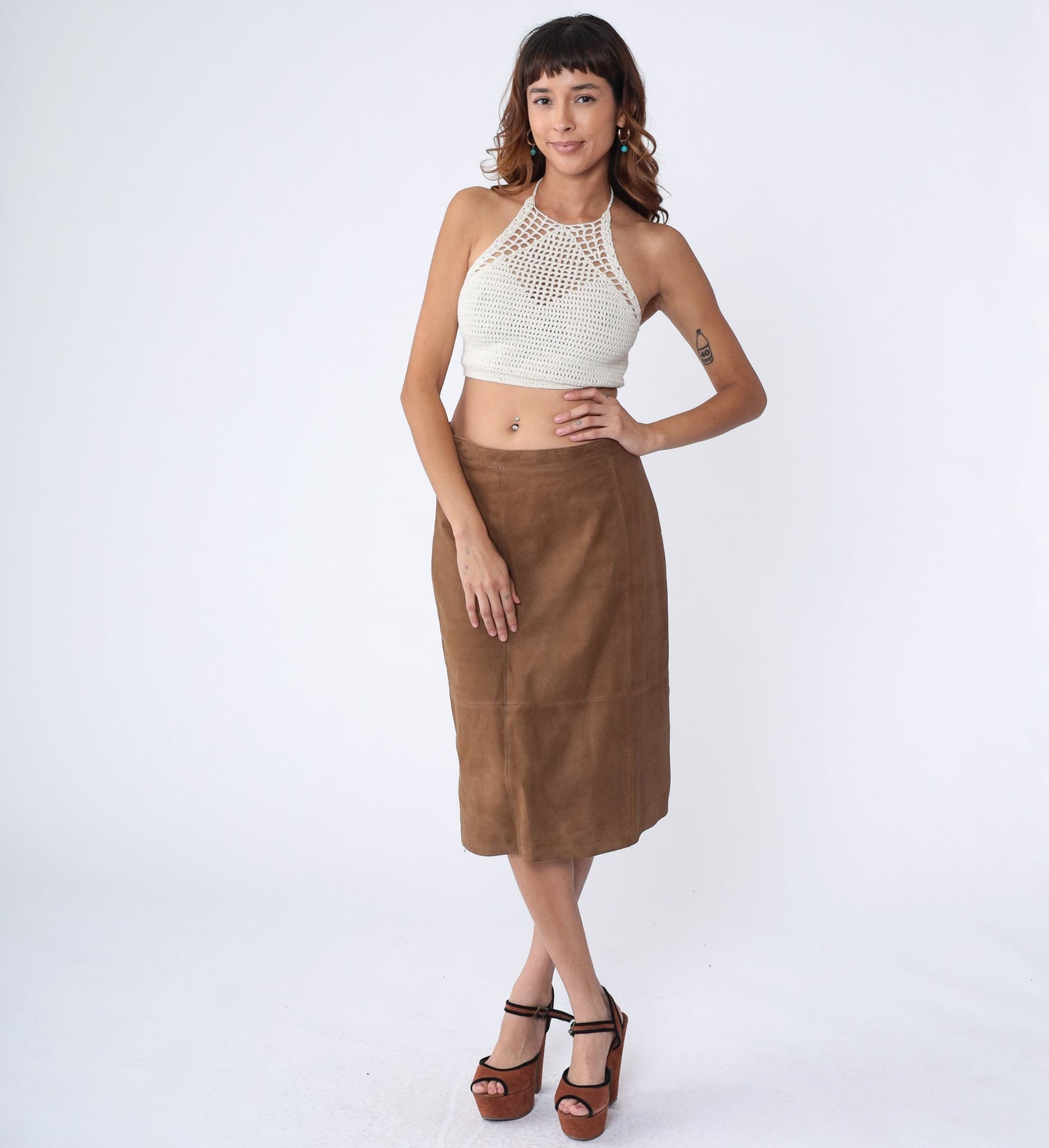 80s Brown Leather Pencil Skirt High Waist Kick Pleat Knee Length Medium