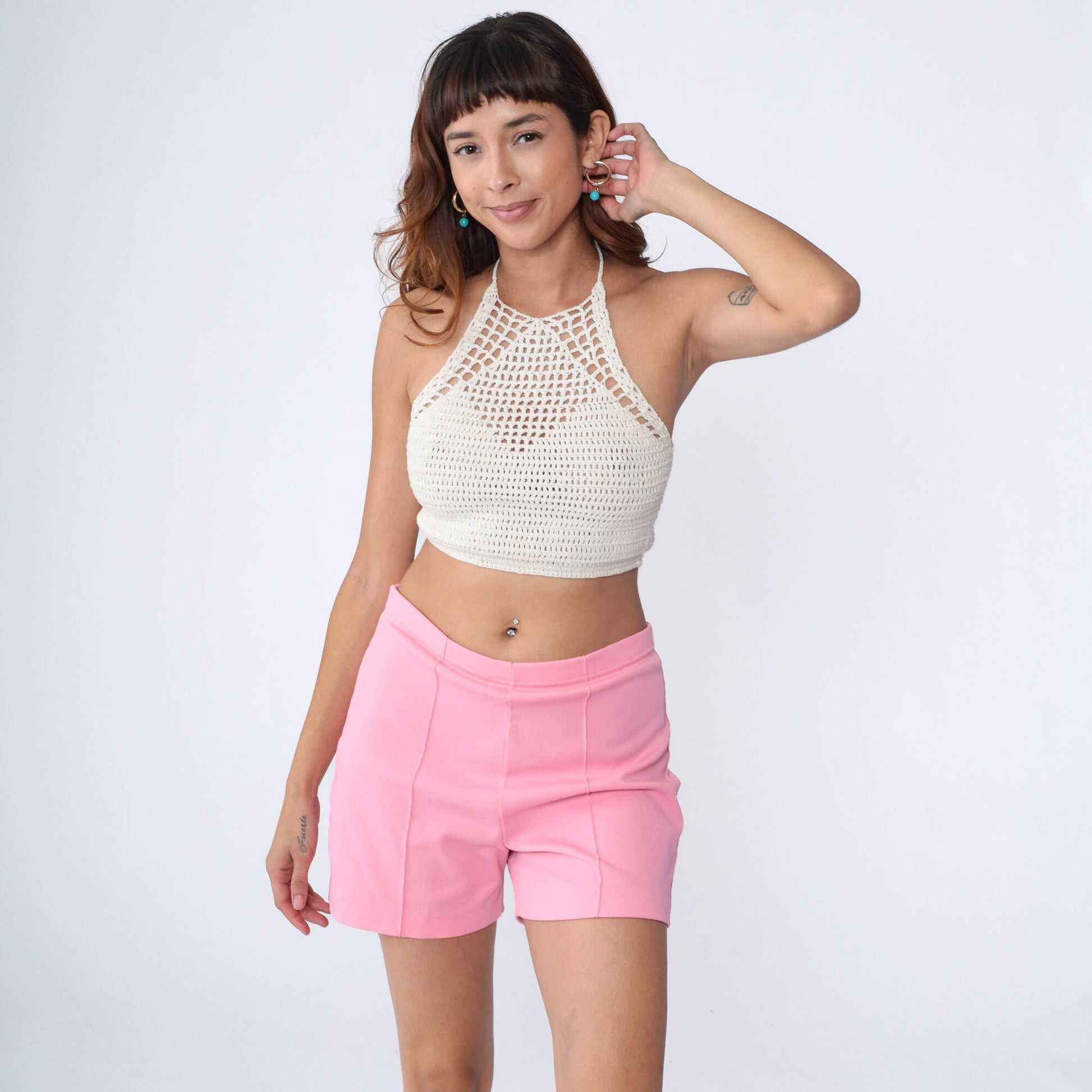 70s Baby Pink High-Waisted Shorts Polyester Knit Large L