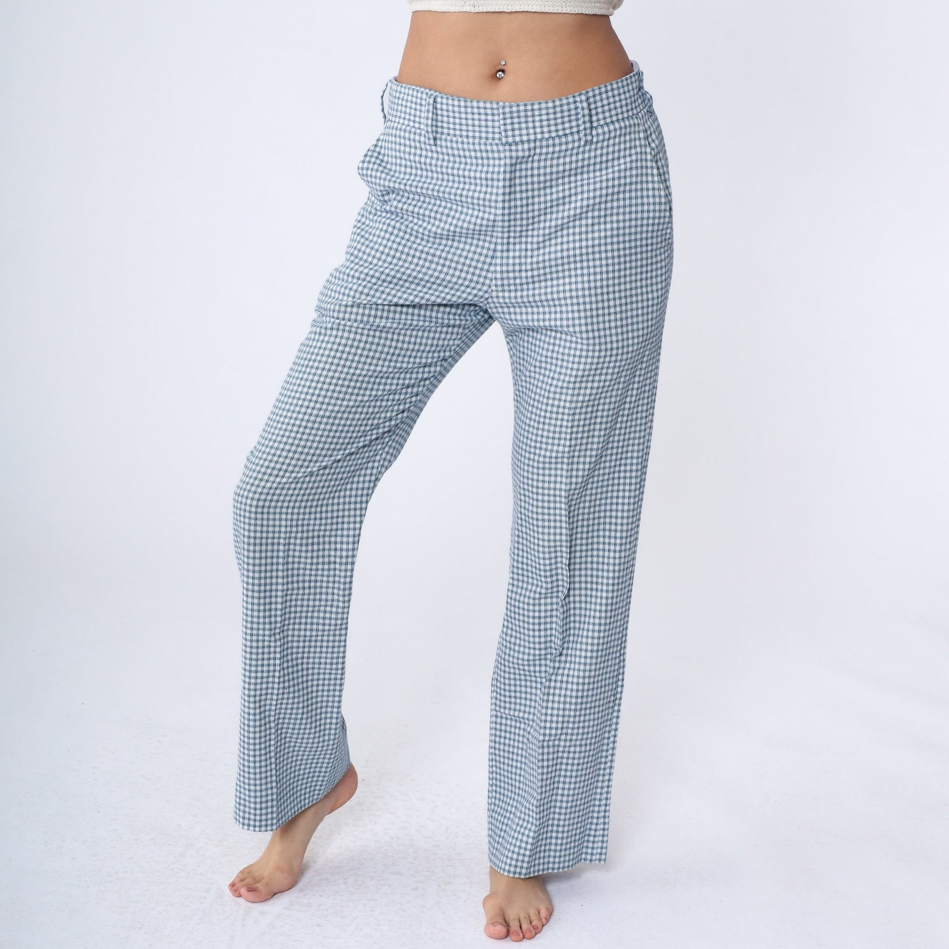 80s Checkered Straight Leg Trousers White Blue Navy Plaid Mid Rise Medium