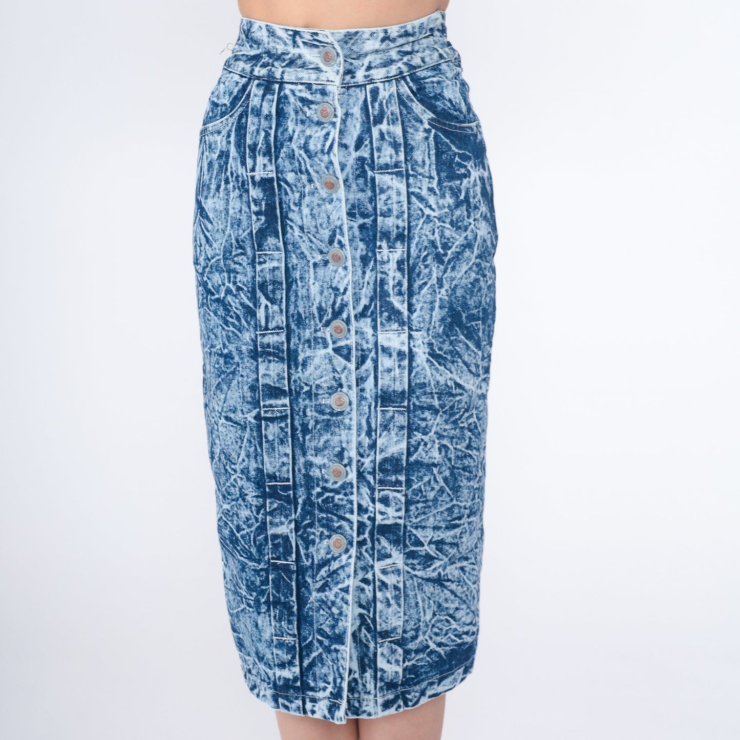 80s Acid Wash Denim Skirt High Waist Button Front Mini Blue XXS