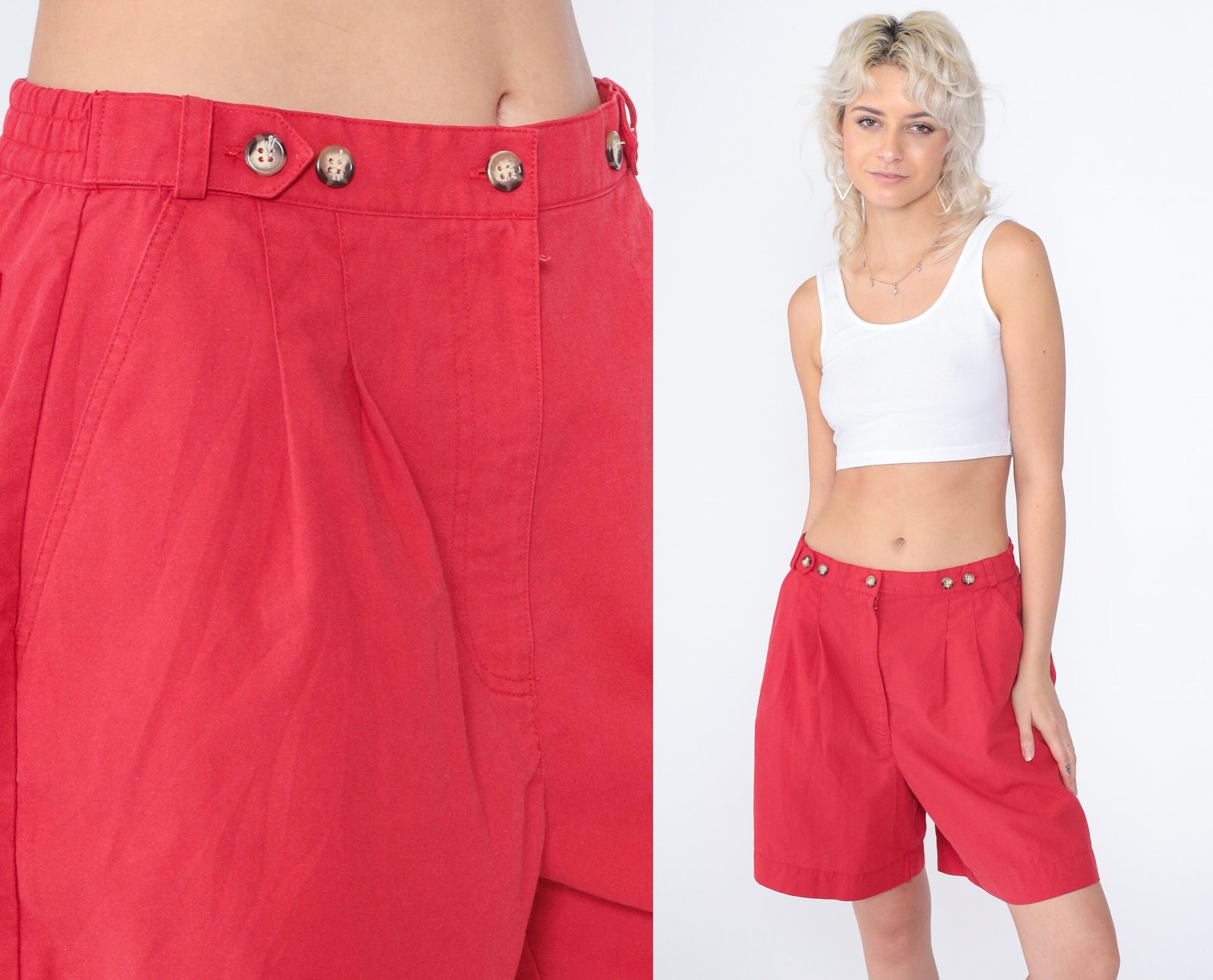 90s Red Pleated High-Waisted Shorts Wide Leg Trouser Karen Scott Medium