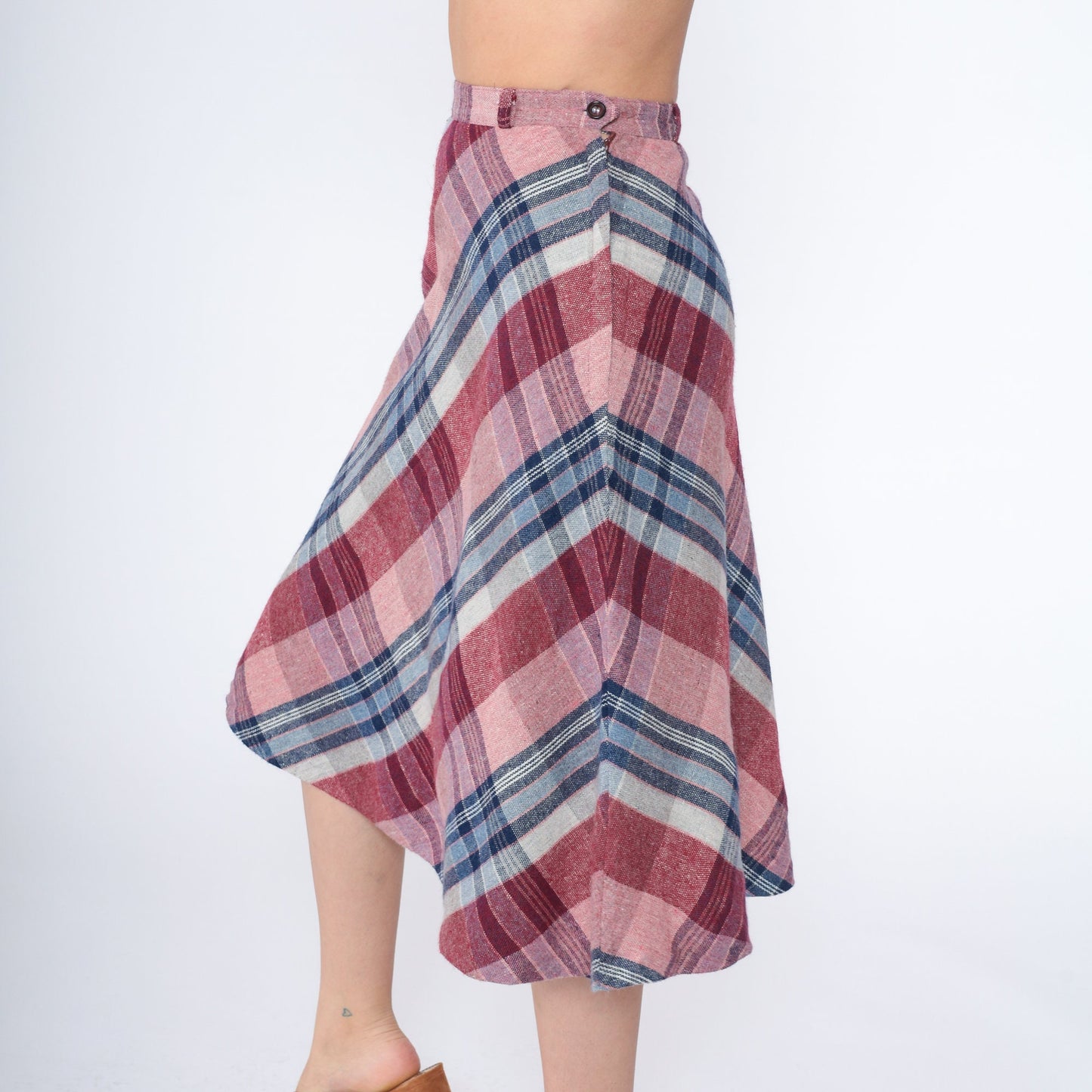 80s Plaid Midi Skirt High Waist A-Line Pink Red Blue Tartan Extra Small XS