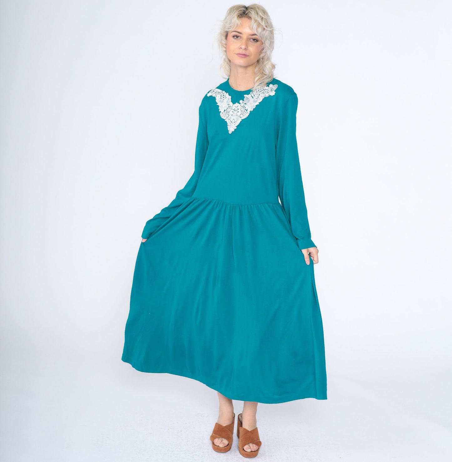 90s Teal Floral Lace Applique Maxi Dress Long Sleeve Low Waist Ankle Length Extra Large