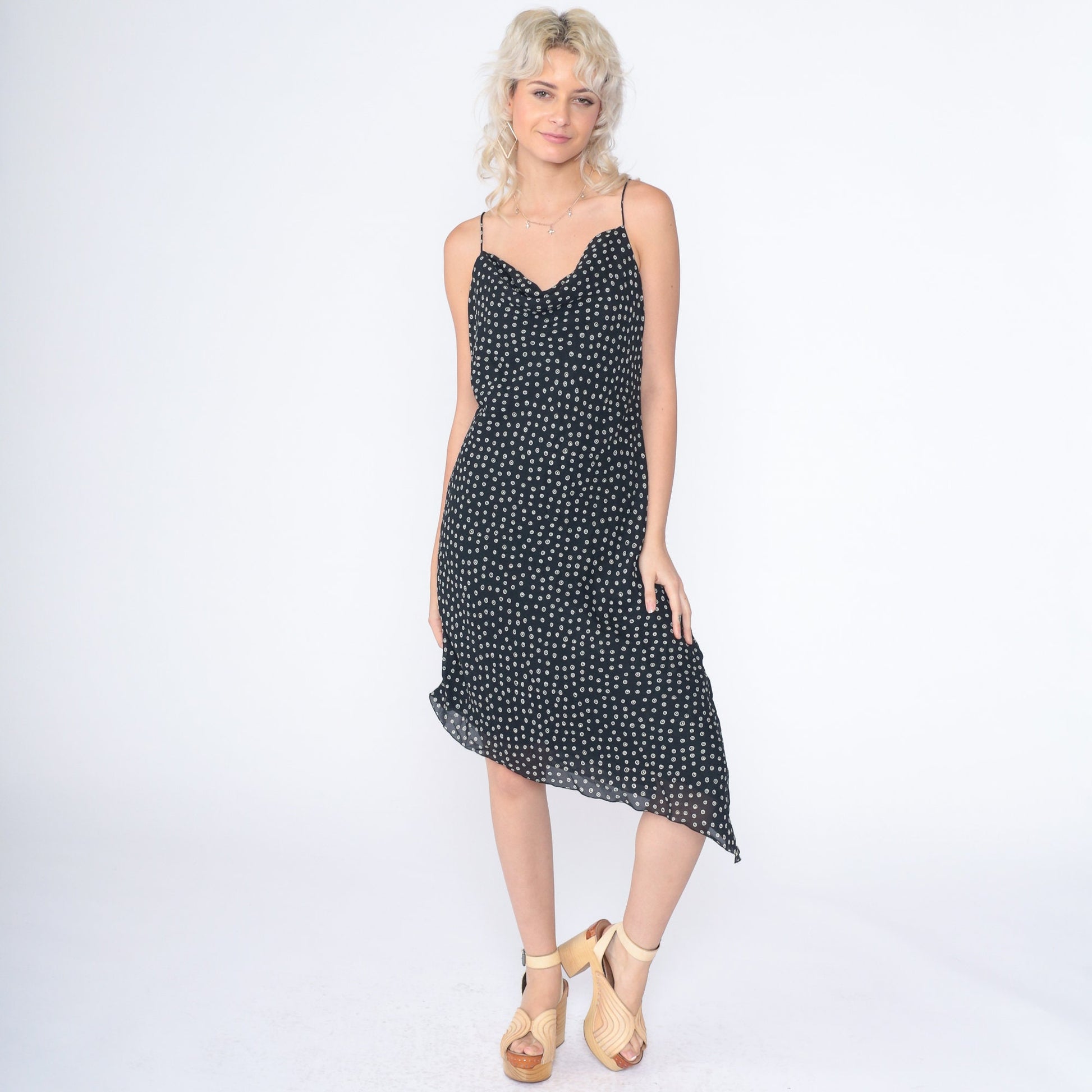 90s Kathy Lee Black White Ring Dot Asymmetrical Midi Dress Cowl Neck Medium