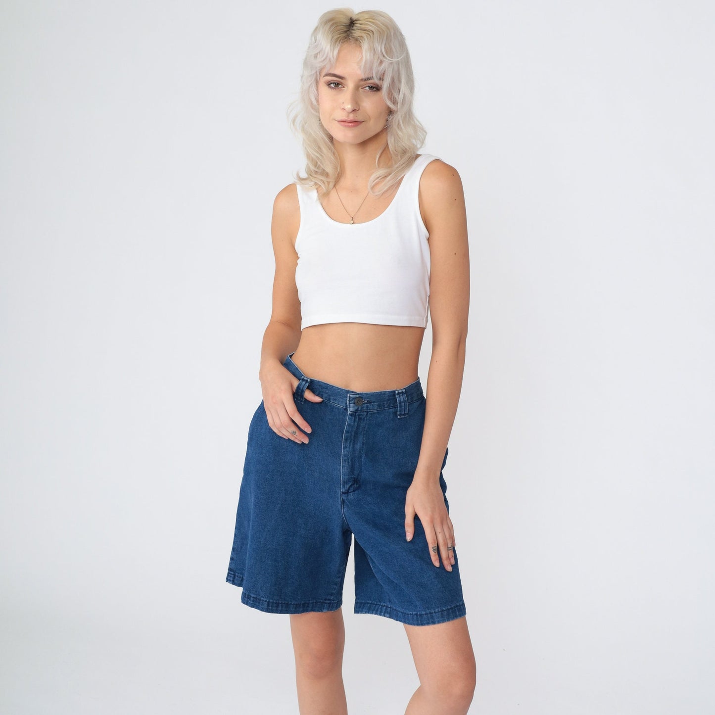 Y2K Riders Casuals High-Waist Denim Shorts Knee Length Blue Medium
