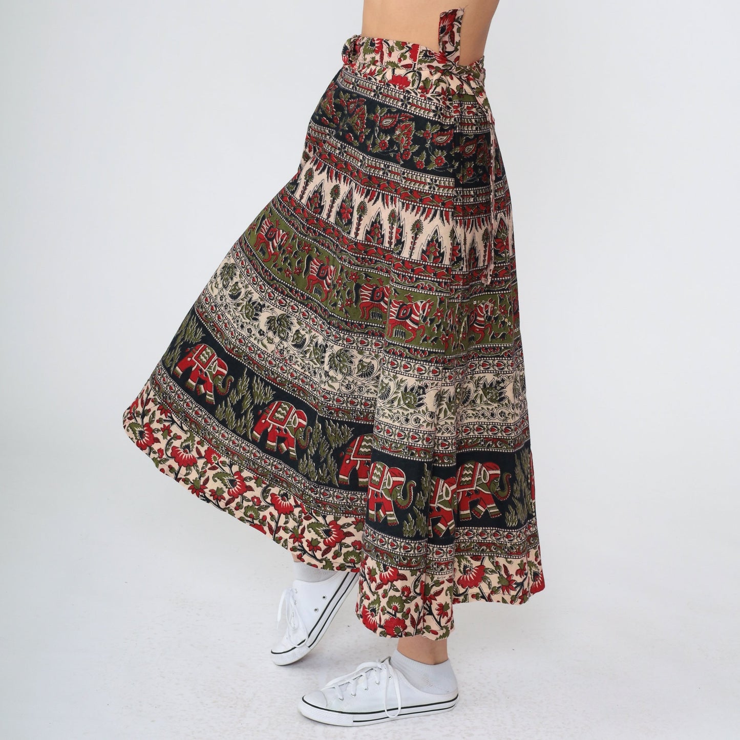90s Indian Batik Wrap Midi Skirt Floral Elephant Horse Print