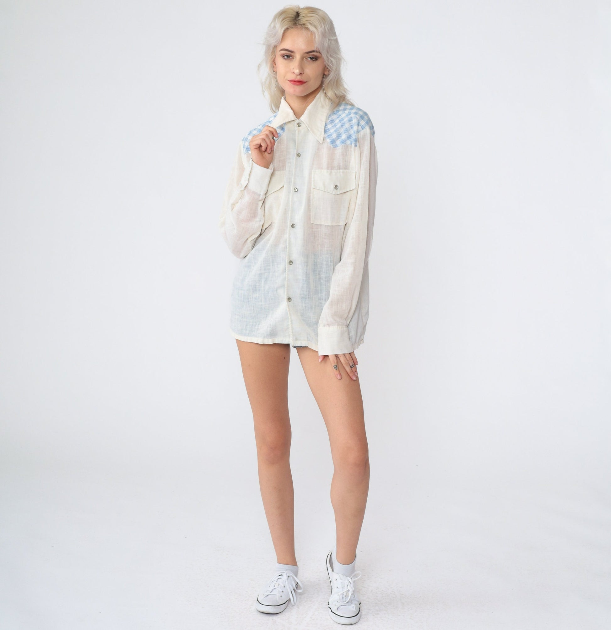 70s Western Pearl Snap Shirt Checkered Gauze Off-White Blue Plaid Medium