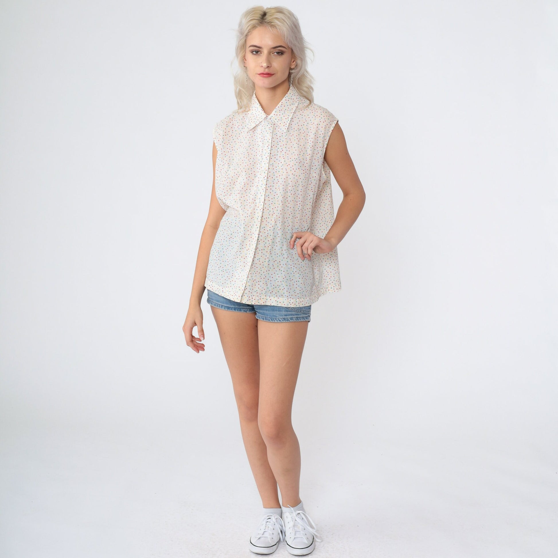 80s Polka Dot Sleeveless Blouse White Multicolor Button-Up Collared Tank Large L
