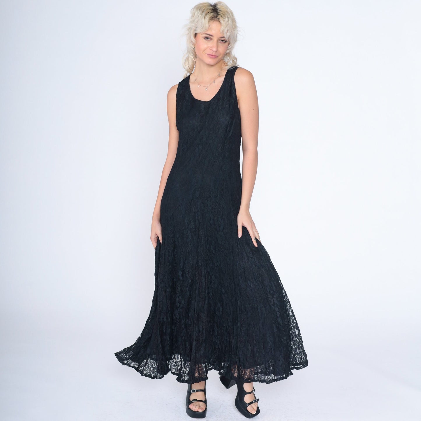 90s Black Lace Maxi Dress Sleeveless Criss Cross Large L