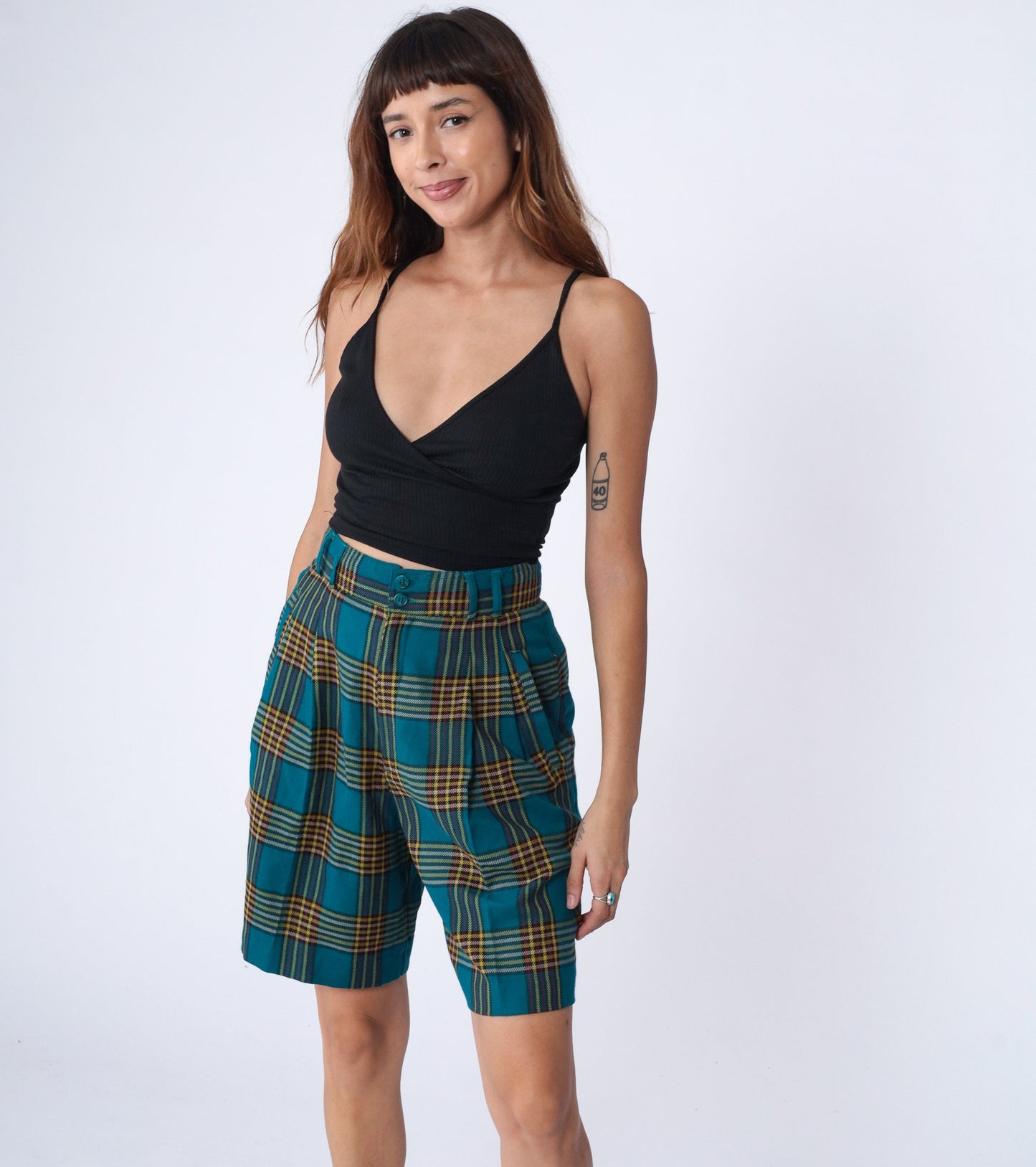90s Blue Plaid High Waist Pleated Shorts Knee Length Small