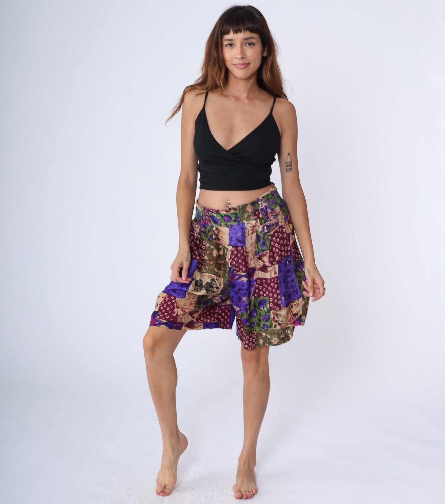 90s Silk Patchwork Floral Pleated Shorts High Waist Wide Leg Small