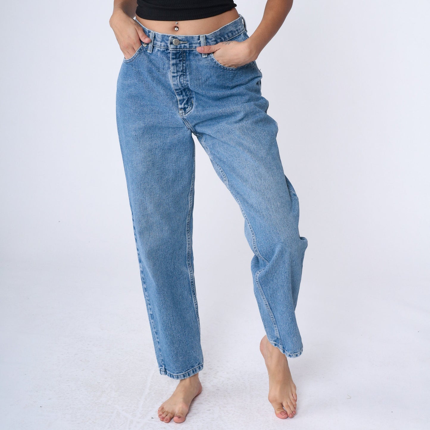 90s Mom Jeans High Rise Tapered Denim Stone Wash Blue Medium