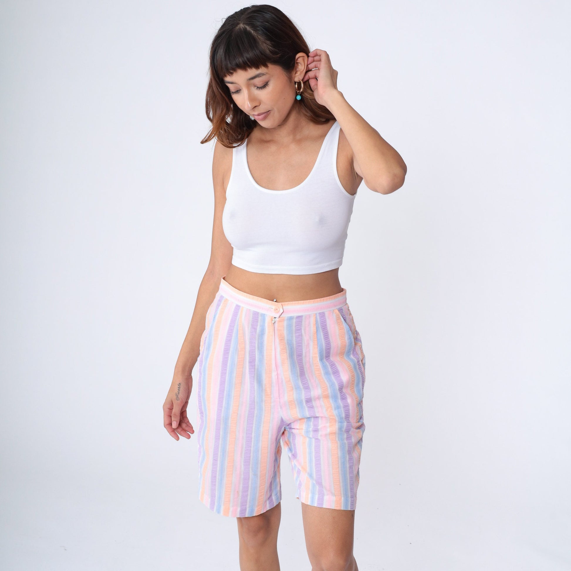80s Seersucker Shorts High Waist Striped Pink Purple Orange Medium
