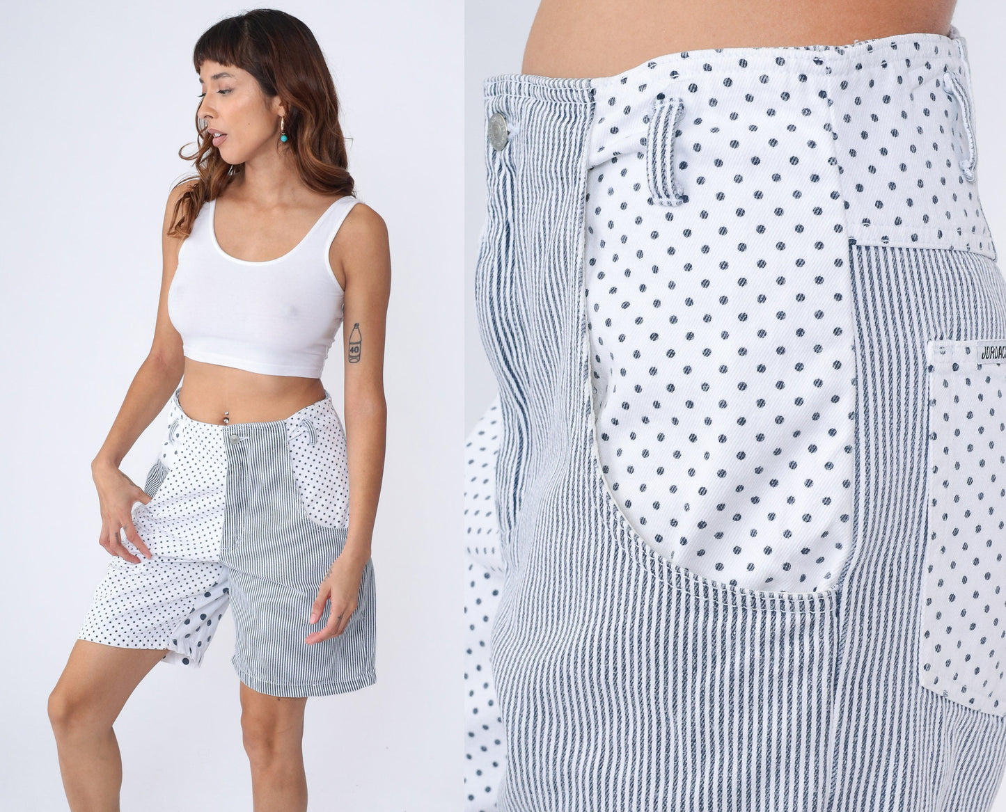 80s Jordache Polka Dot Striped Denim Shorts High Waisted Knee Length Medium