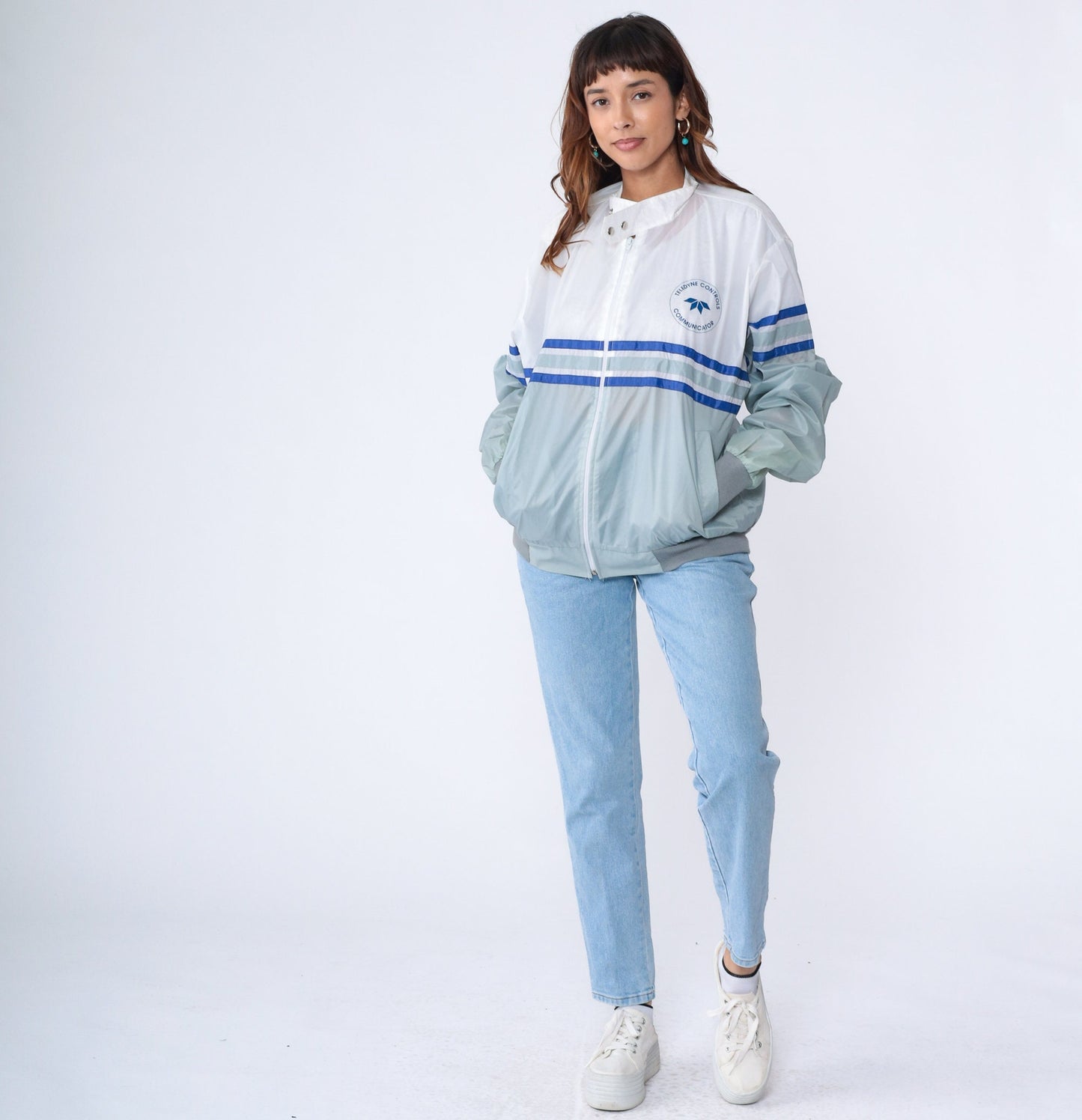 80s Teledyne Controls Windbreaker Aircraft Jacket Grey White Stripe Extra Large XL
