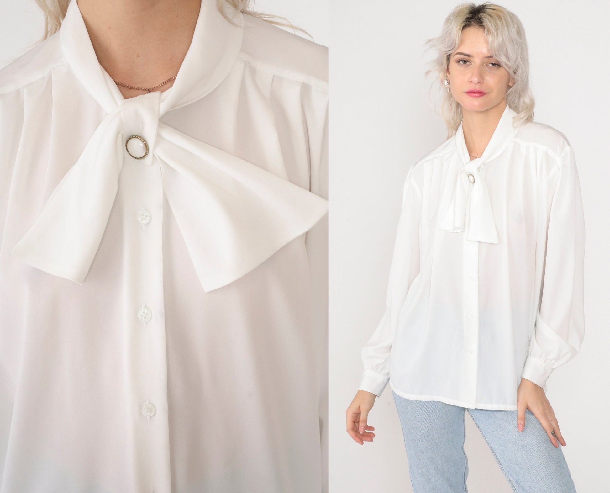 90s Koret White Button-Up Blouse Ascot Tie Long Sleeve Large L