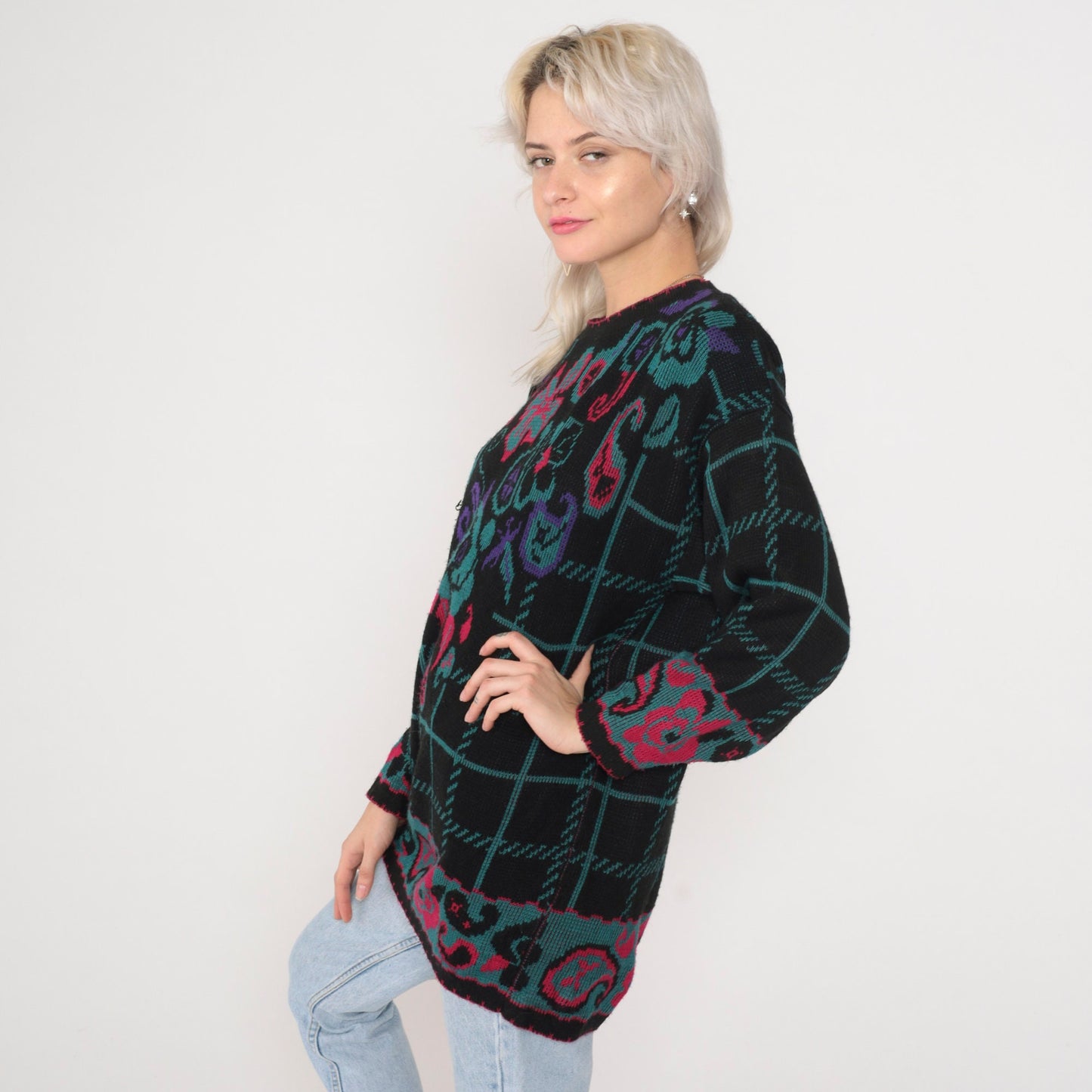 90s Checkered Floral Knit Sweater Black Pullover Paisley Rose Hibiscus Large L