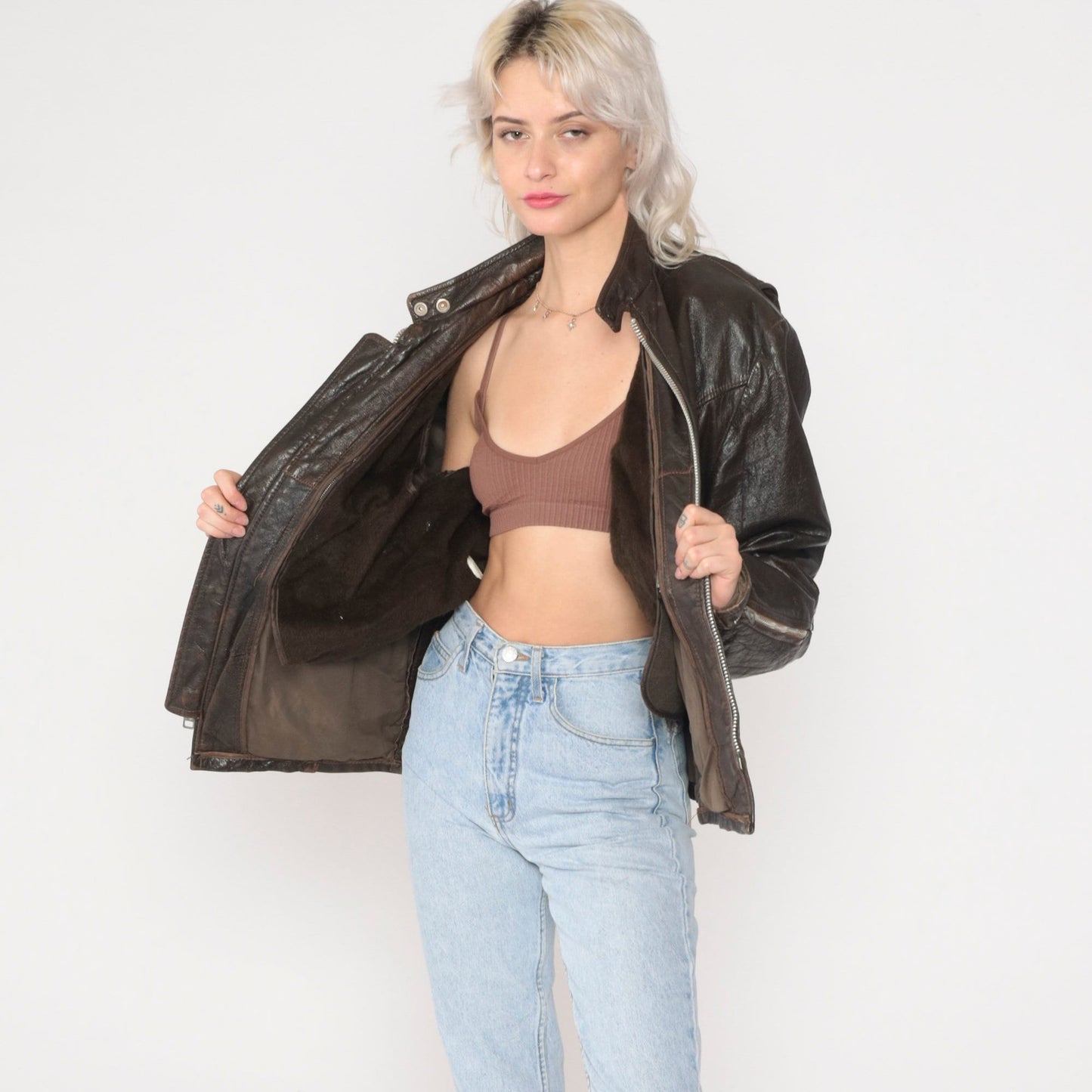 70s Dark Brown Leather Moto Jacket Zip Front Removable Lining Small S