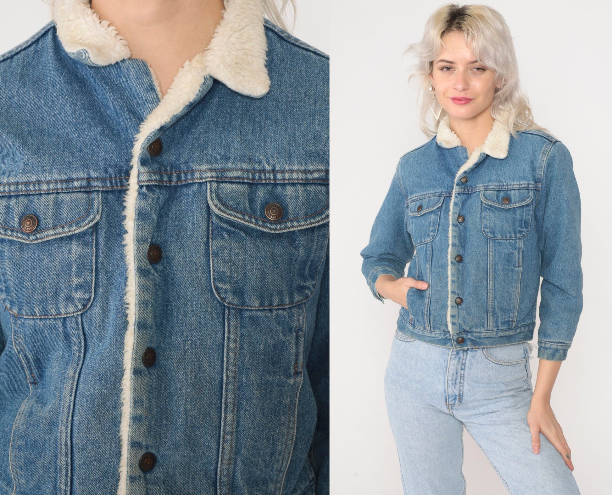 90s The Gap Denim Sherpa Jacket Blue Cropped Snap Jean Coat XXS