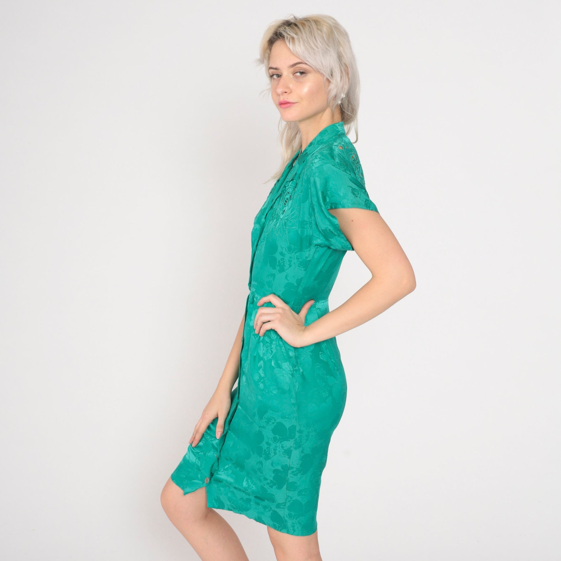 90s Lauren Alexandra Petites Green Silk Floral Mini Dress Cutwork Button-Up XS