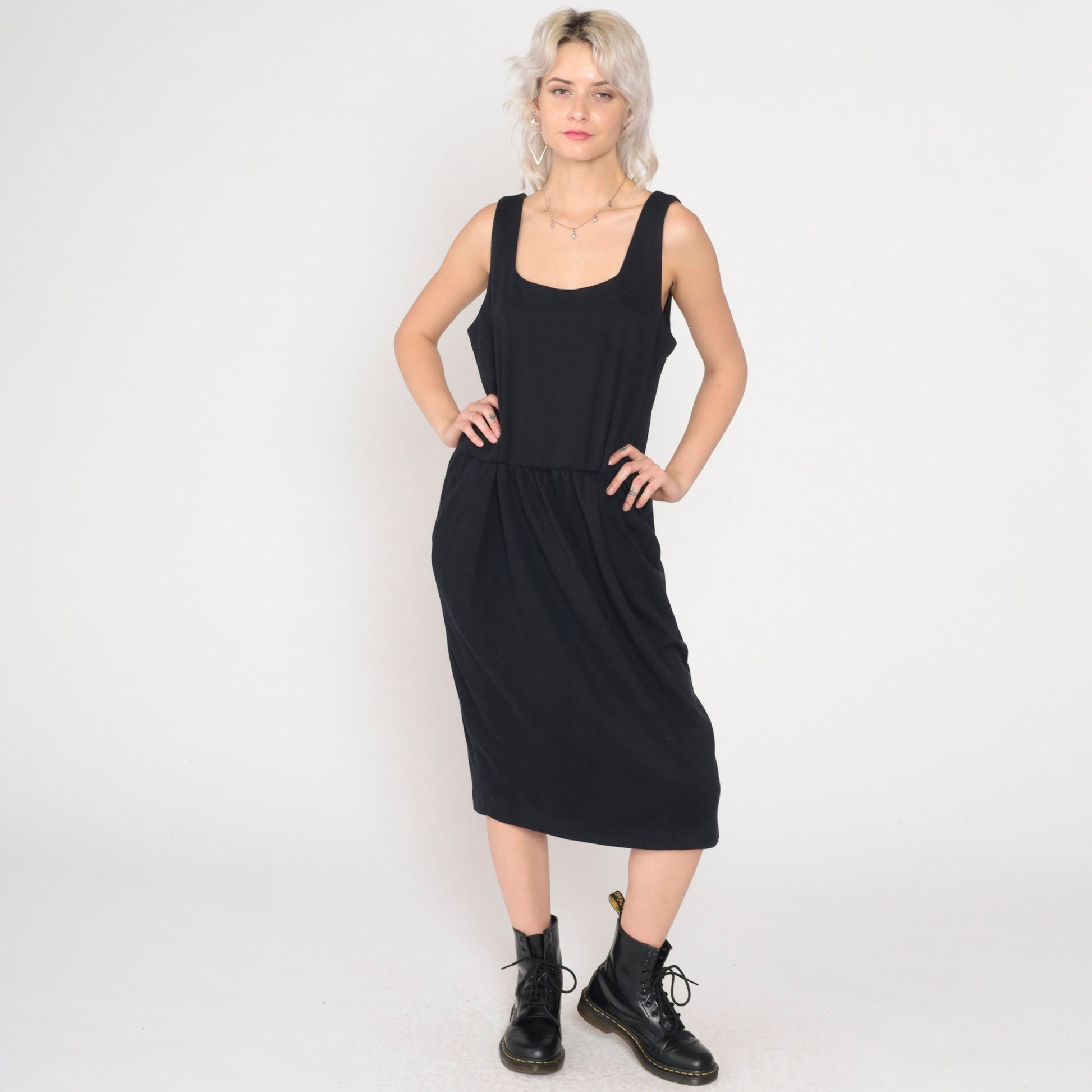 90s Black Midi Tank Dress High Waist Sleeveless Scoop Neck Large