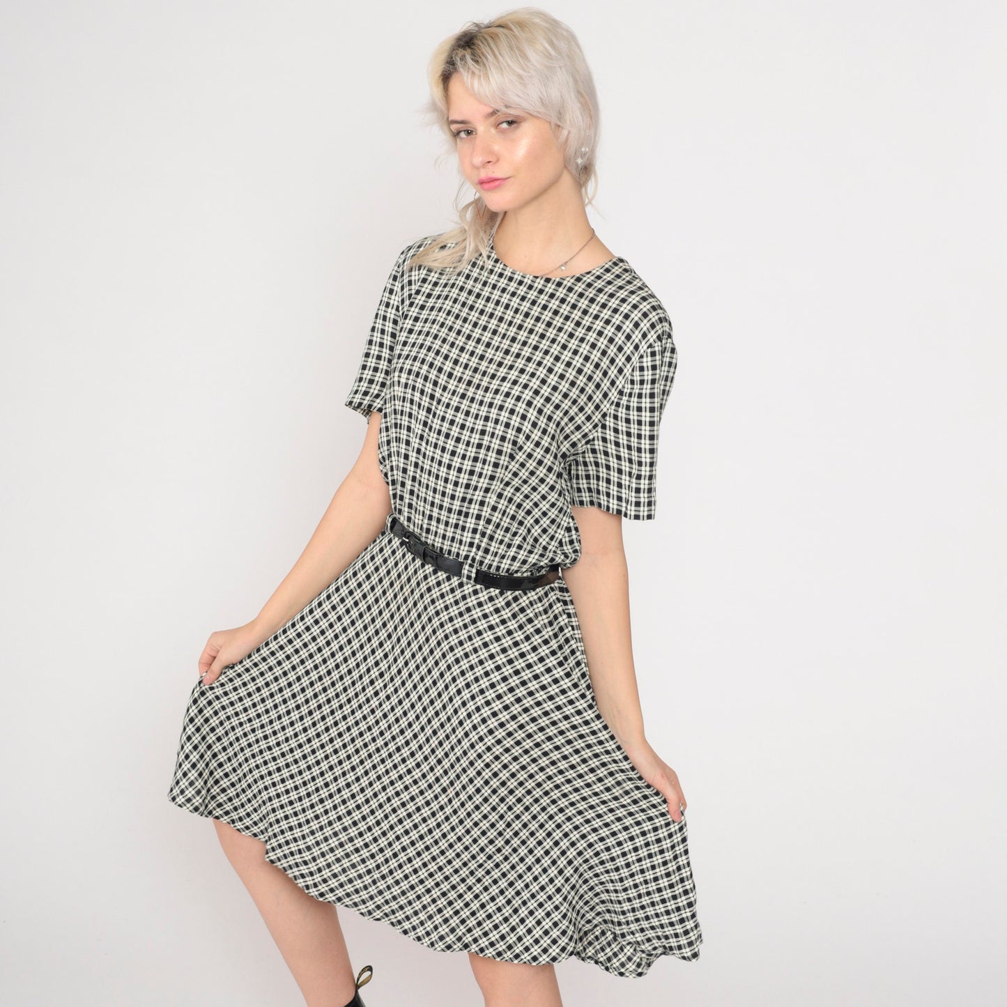90s Black Cream Checkered Mini Dress High Waist Belted Short Sleeve Small Medium