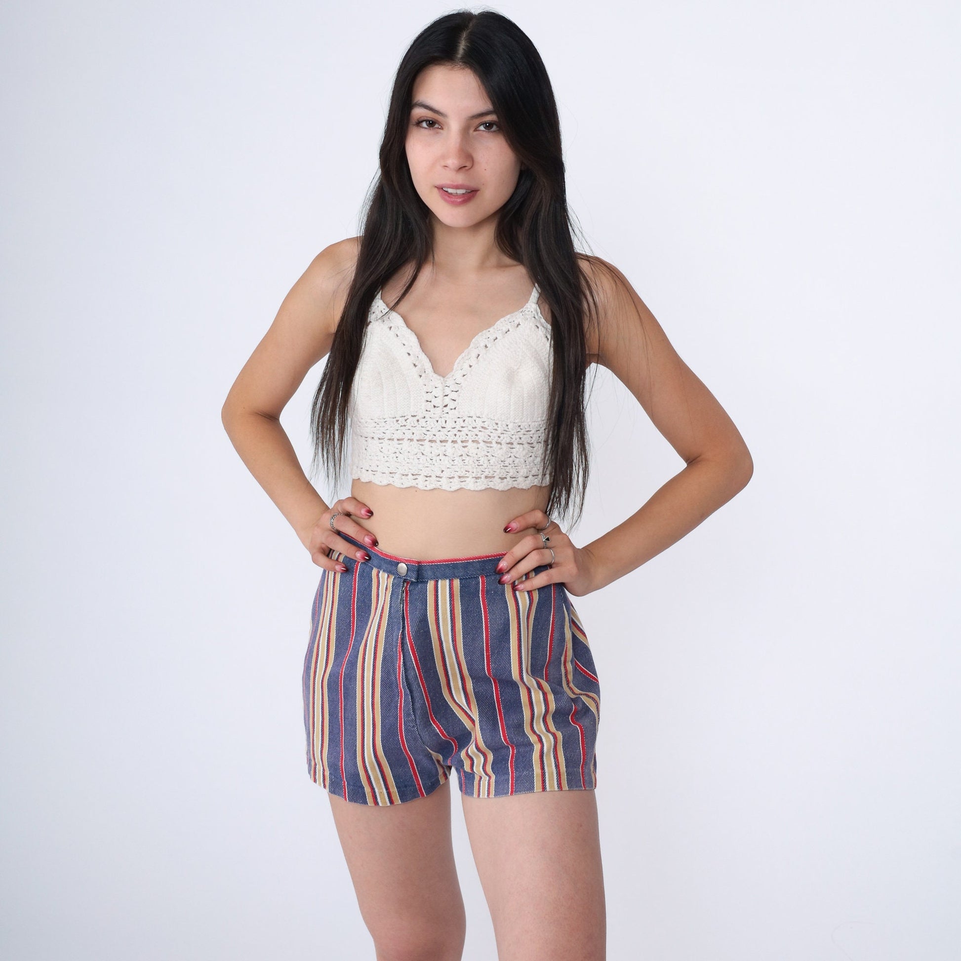 60s Striped Blue Cotton Shorts High Rise Mod Vintage Extra Small