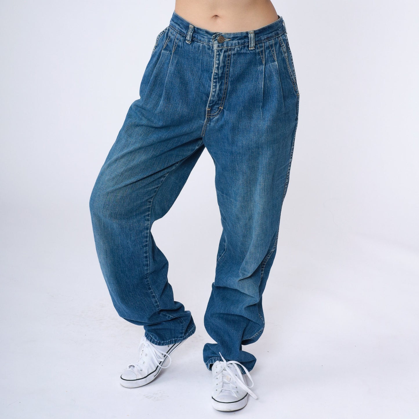 90s Zena High Rise Pleated Straight Leg Jeans Blue Denim Small 28