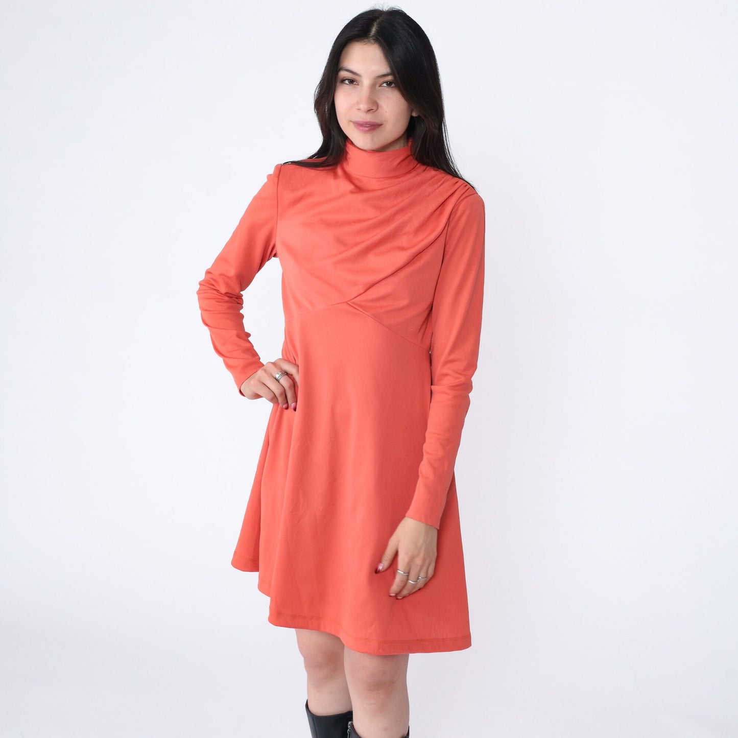 70s Orange Empire Waist Mock Neck Mini Dress Long Sleeve Medium