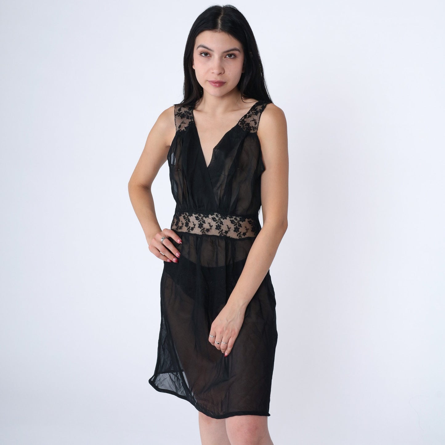 60s Black Lace Slip Dress Low V-Neck Nightgown Small S