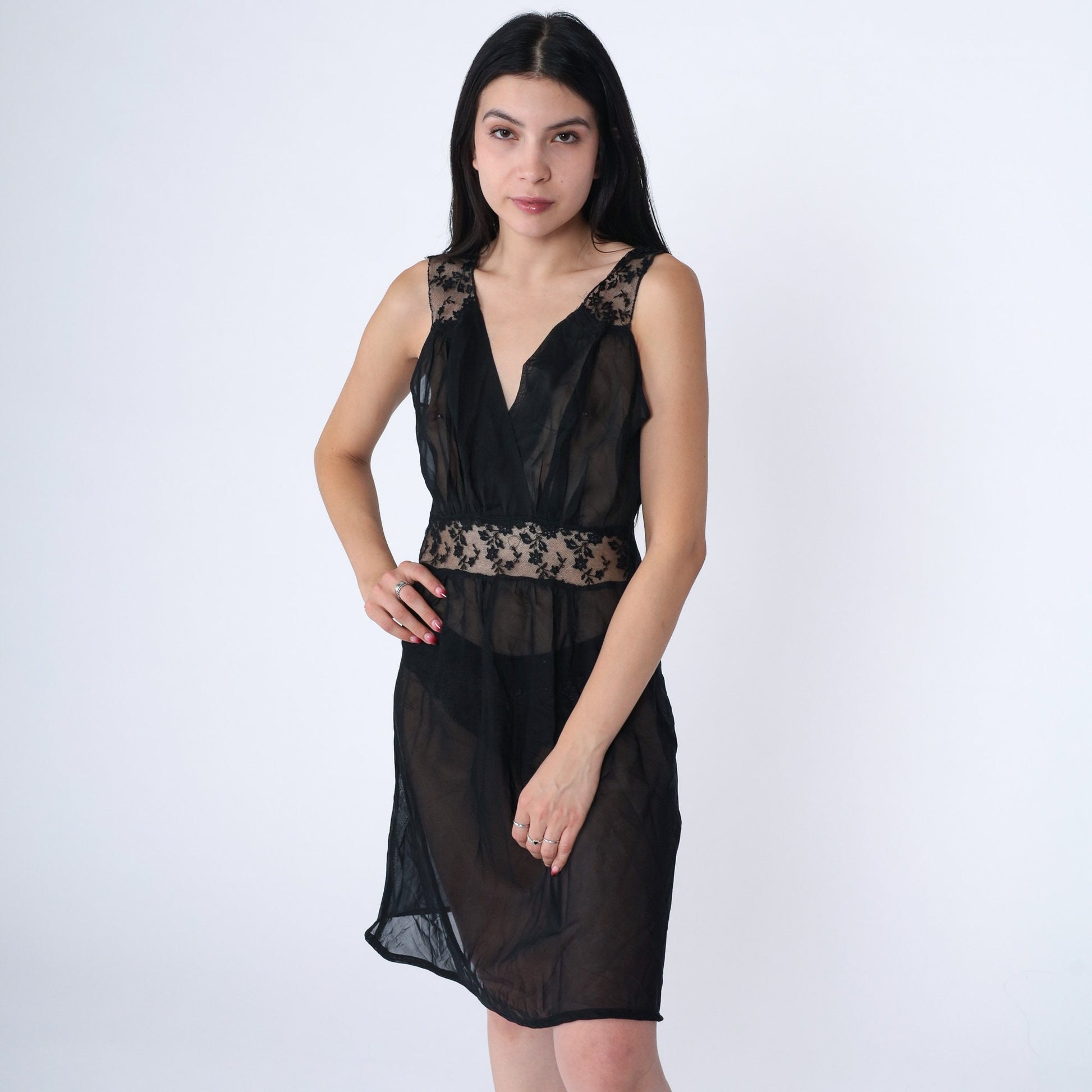 60s Black Lace Slip Dress Low V-Neck Nightgown Small S