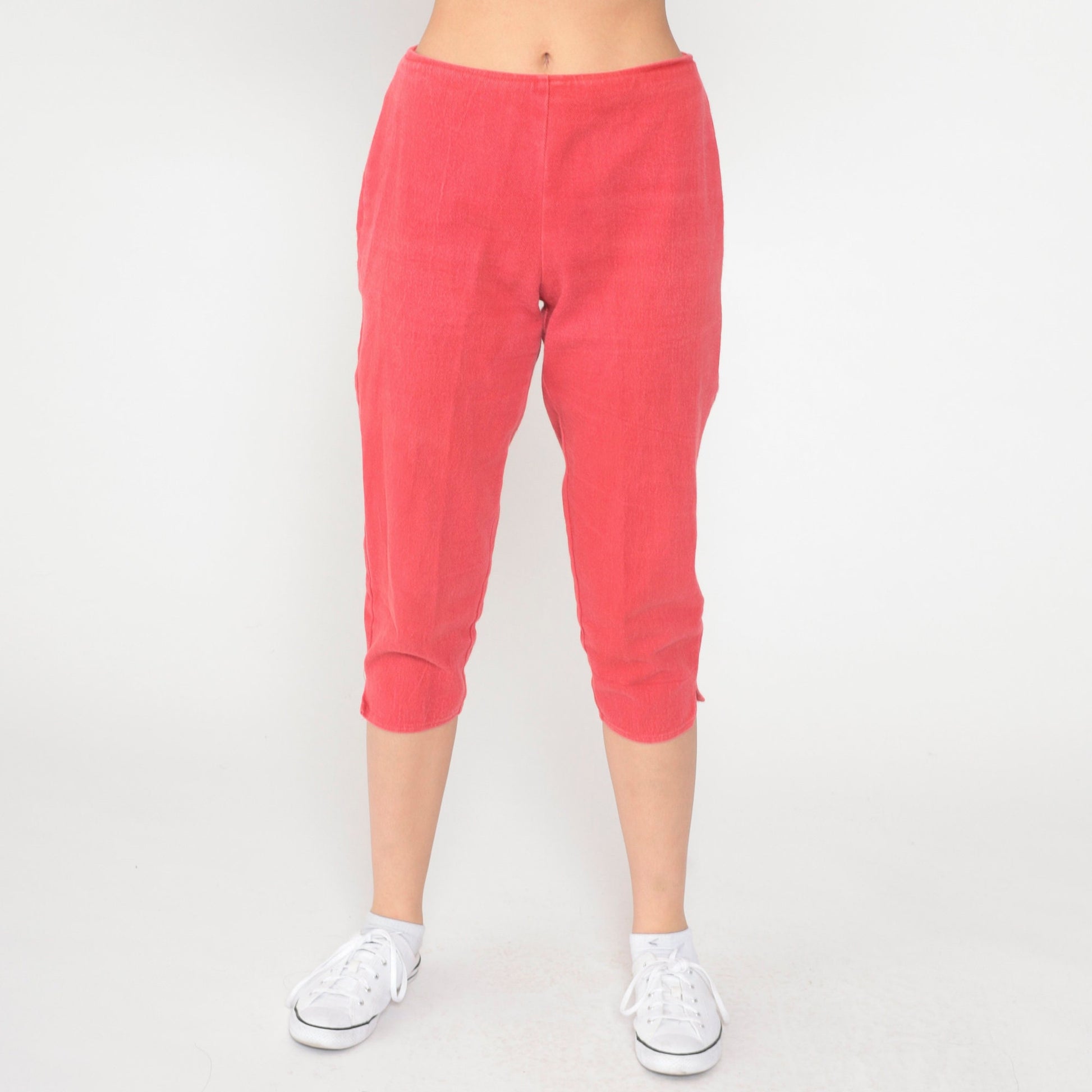 90s Red Capri Pants High Waist Cotton Cropped Trousers Small