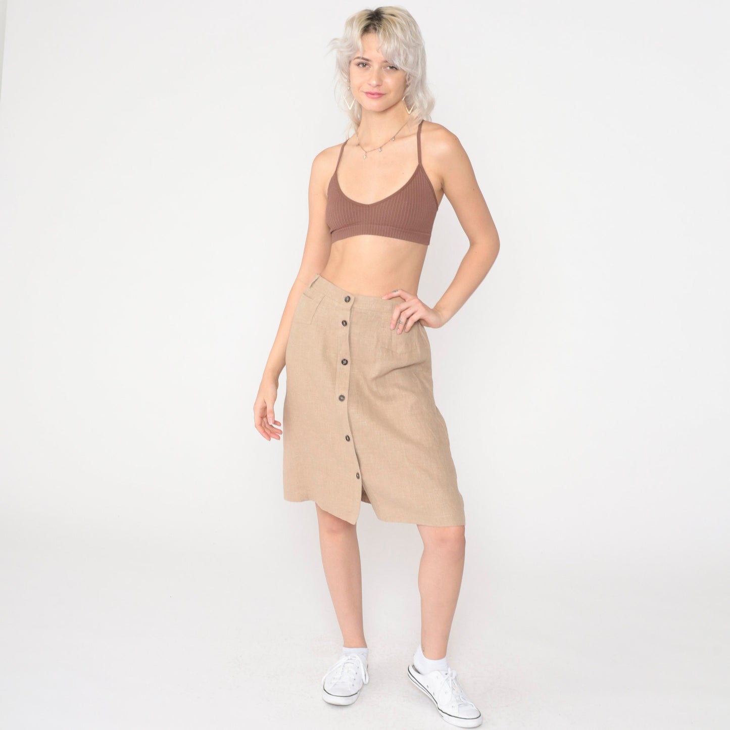 80s Harve Benard Linen Midi Skirt Tan Button Front High Waist Small