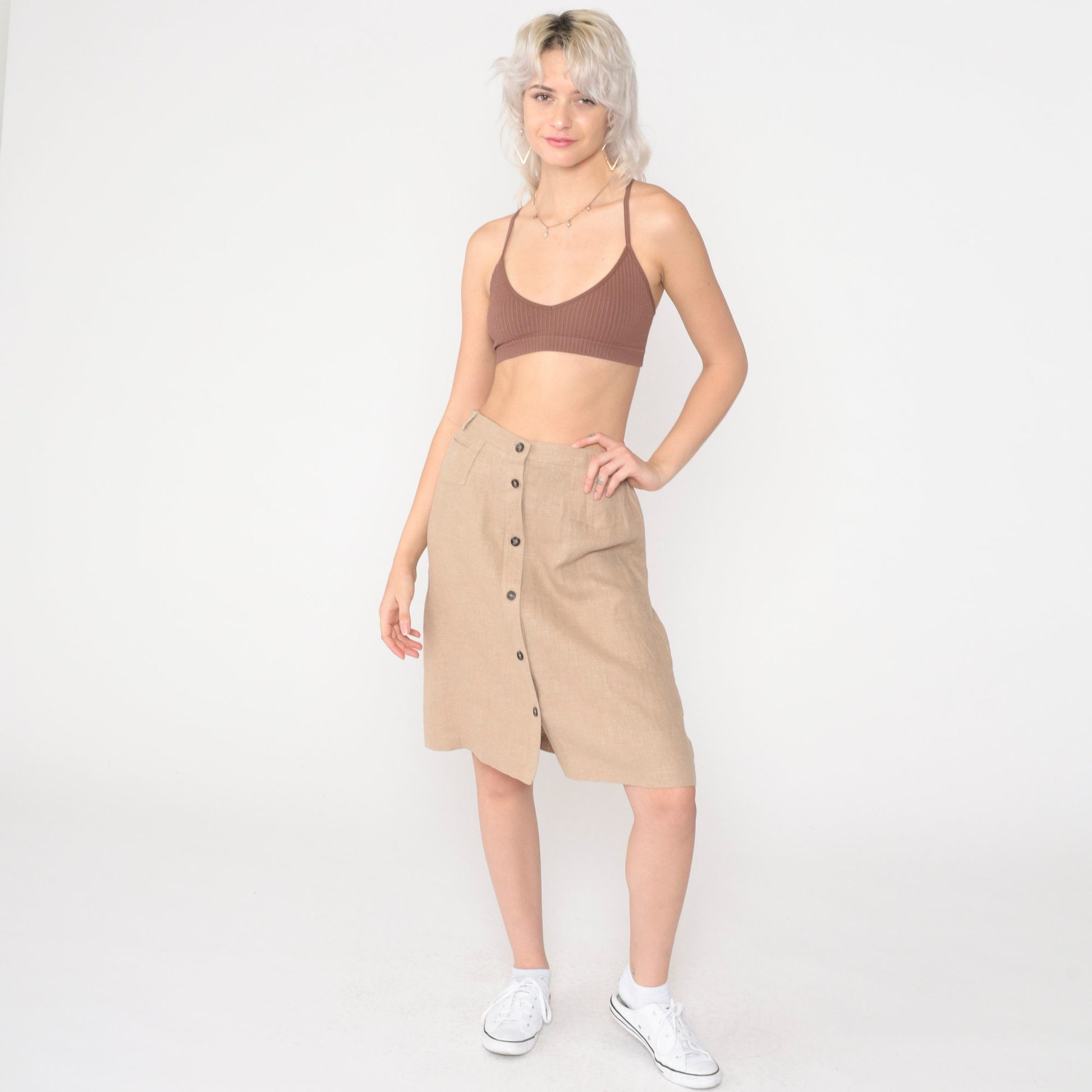 80s Harve Benard Linen Midi Skirt Tan Button Front High Waist Small