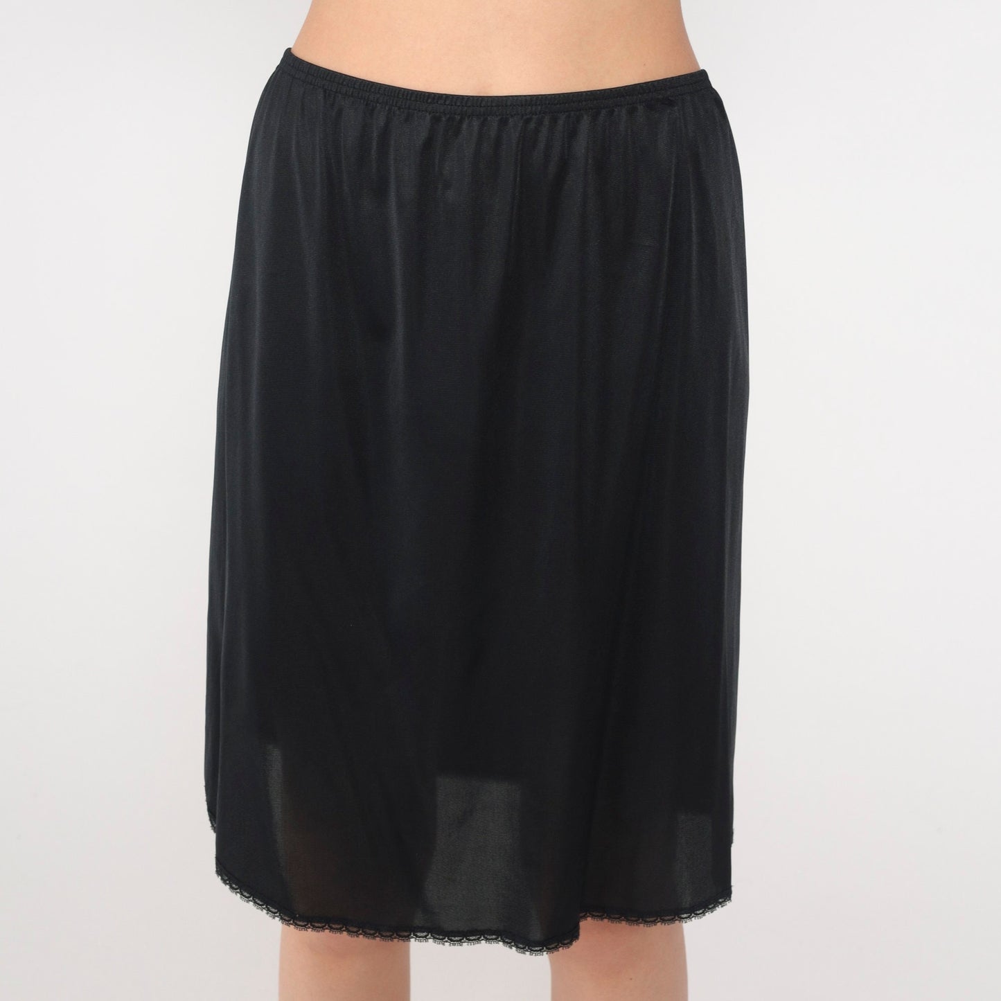 70s Vanity Fair Black Slip Skirt Lace Trim Mini High Waisted Medium