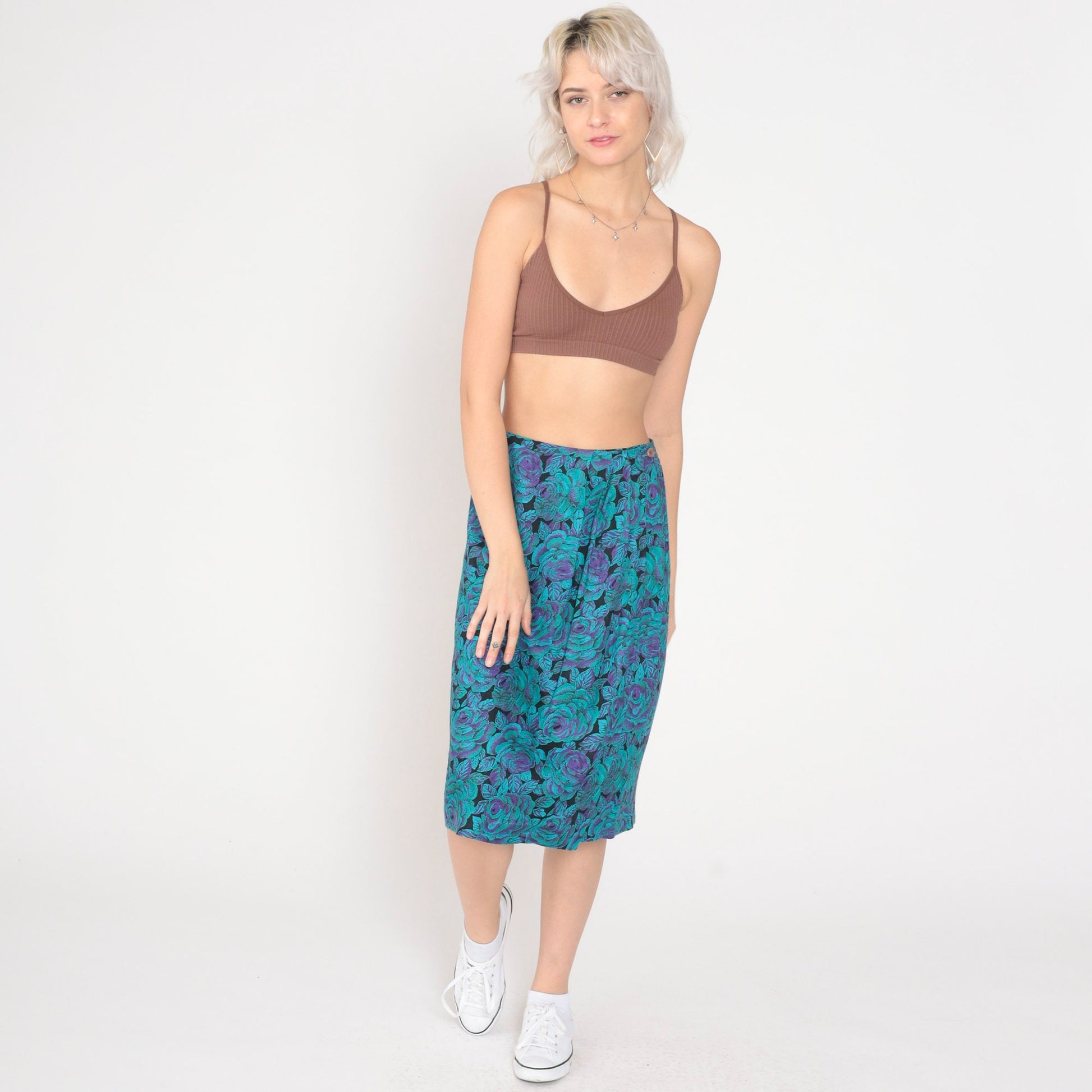 80s Floral Wrap Midi Skirt High Waist Purple Turquoise Rayon Small