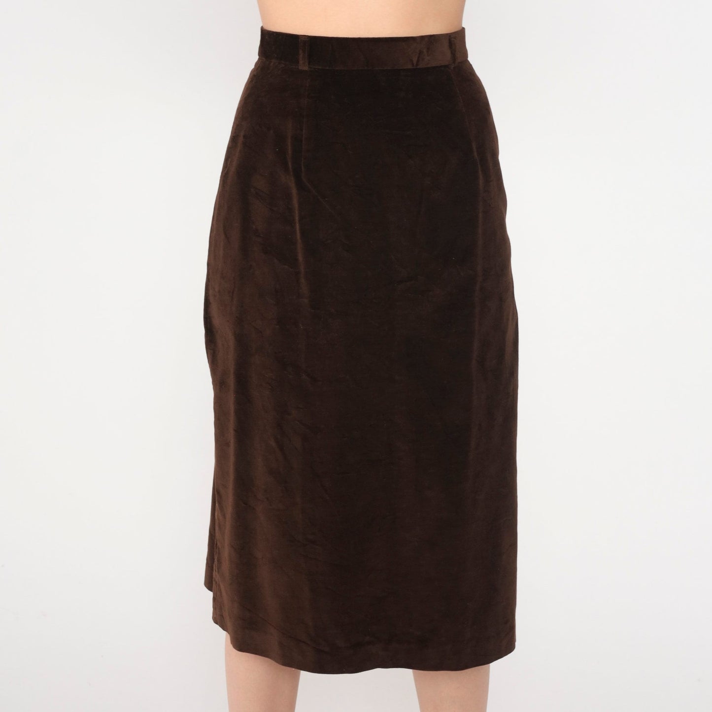 80s Brown Velvet Pencil Skirt High Waist Midi Extra Small XS