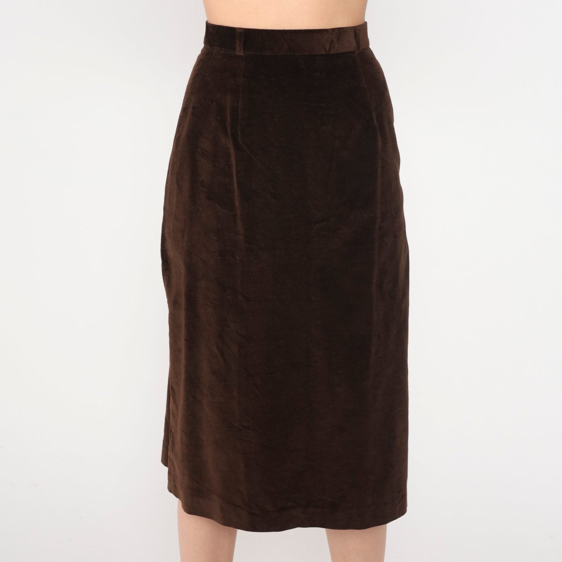 80s Brown Velvet Pencil Skirt High Waist Midi Extra Small XS