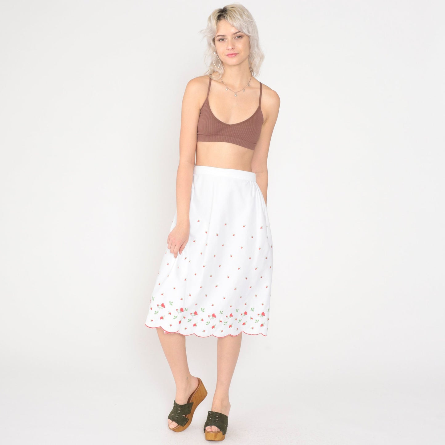 60s White Floral Embroidered Cotton Midi Skirt High Waisted Scalloped Small