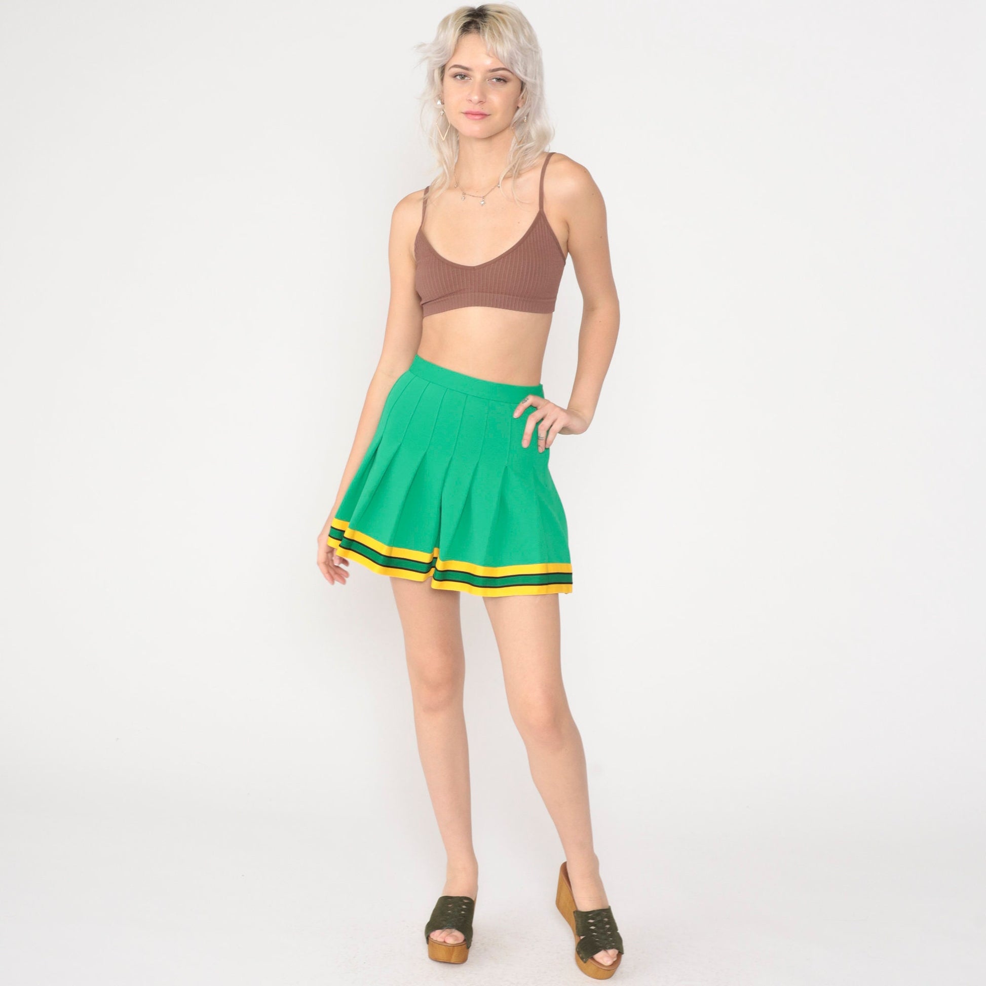 70s Green Pleated Mini Skirt High Waist Tennis Skirt 2XS