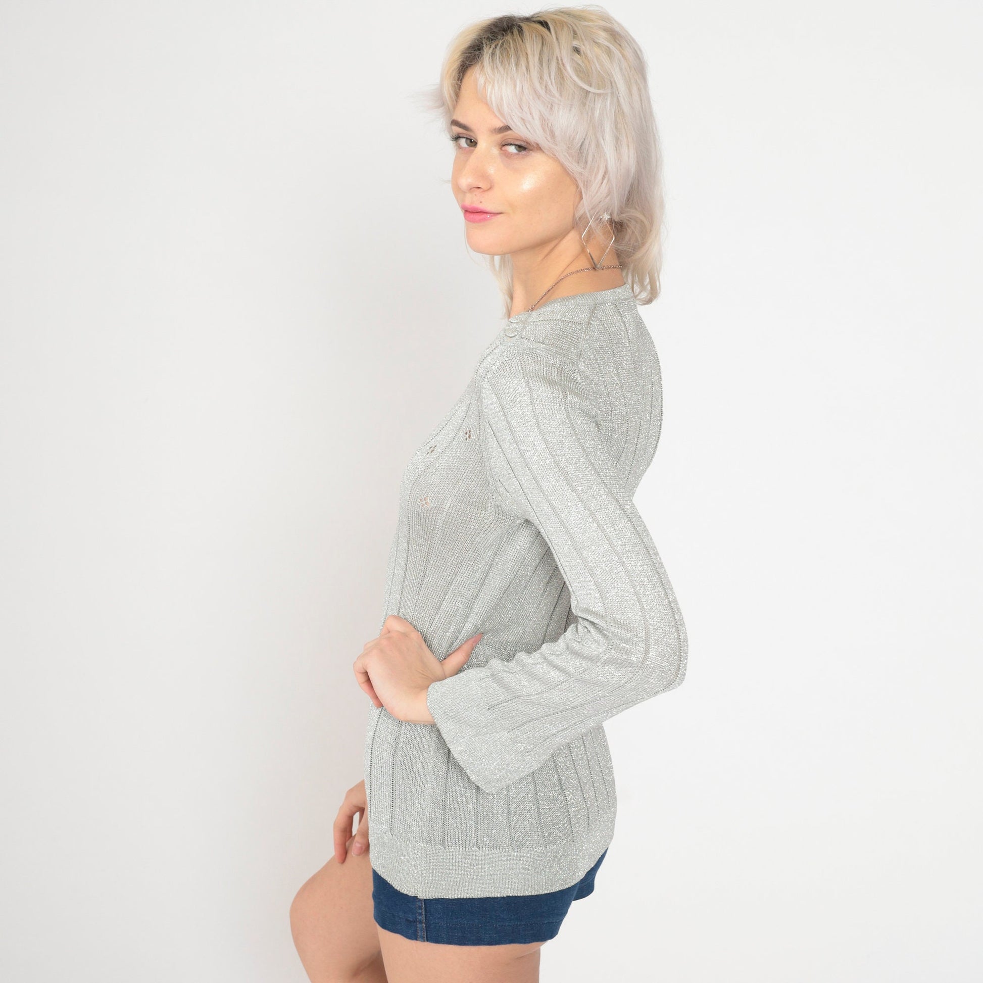 70s Silver Metallic Pointelle Knit Sweater Cutout Chest Pullover Small