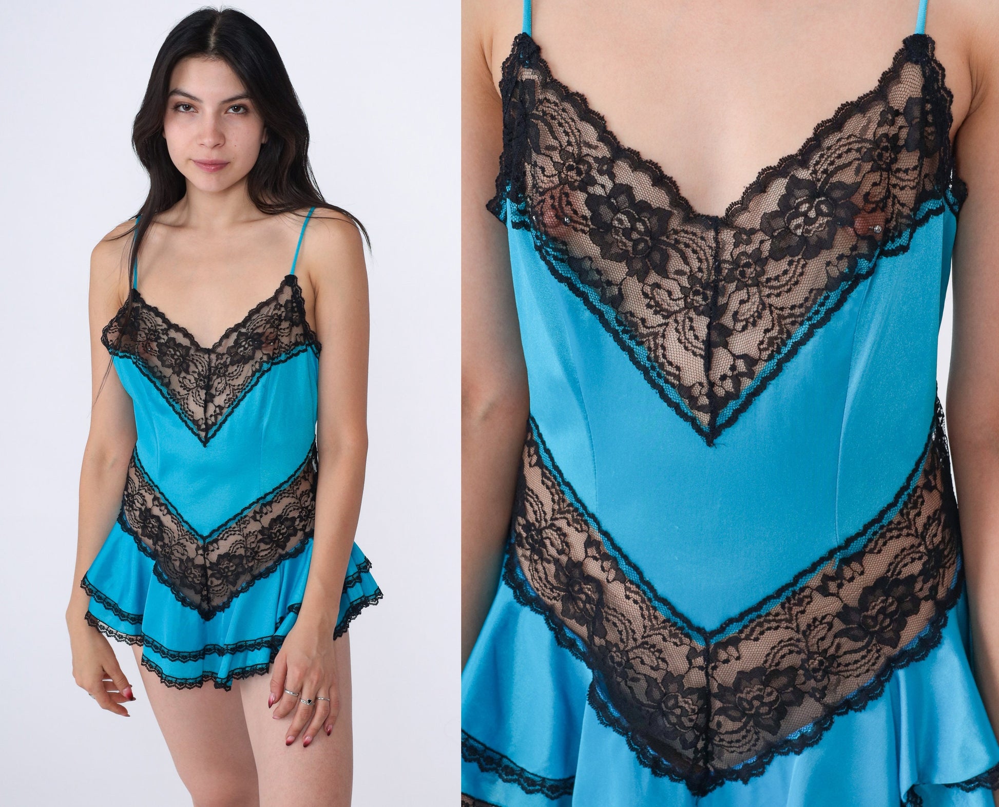 80s Electric Blue Sheer Lace Camisole Tank V-Neck Ruffled Hem Small