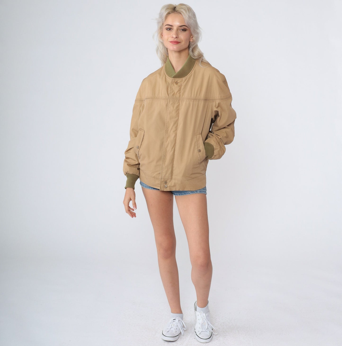70s Tan Bomber Jacket Zip-Up Plaid Flannel Lining Small