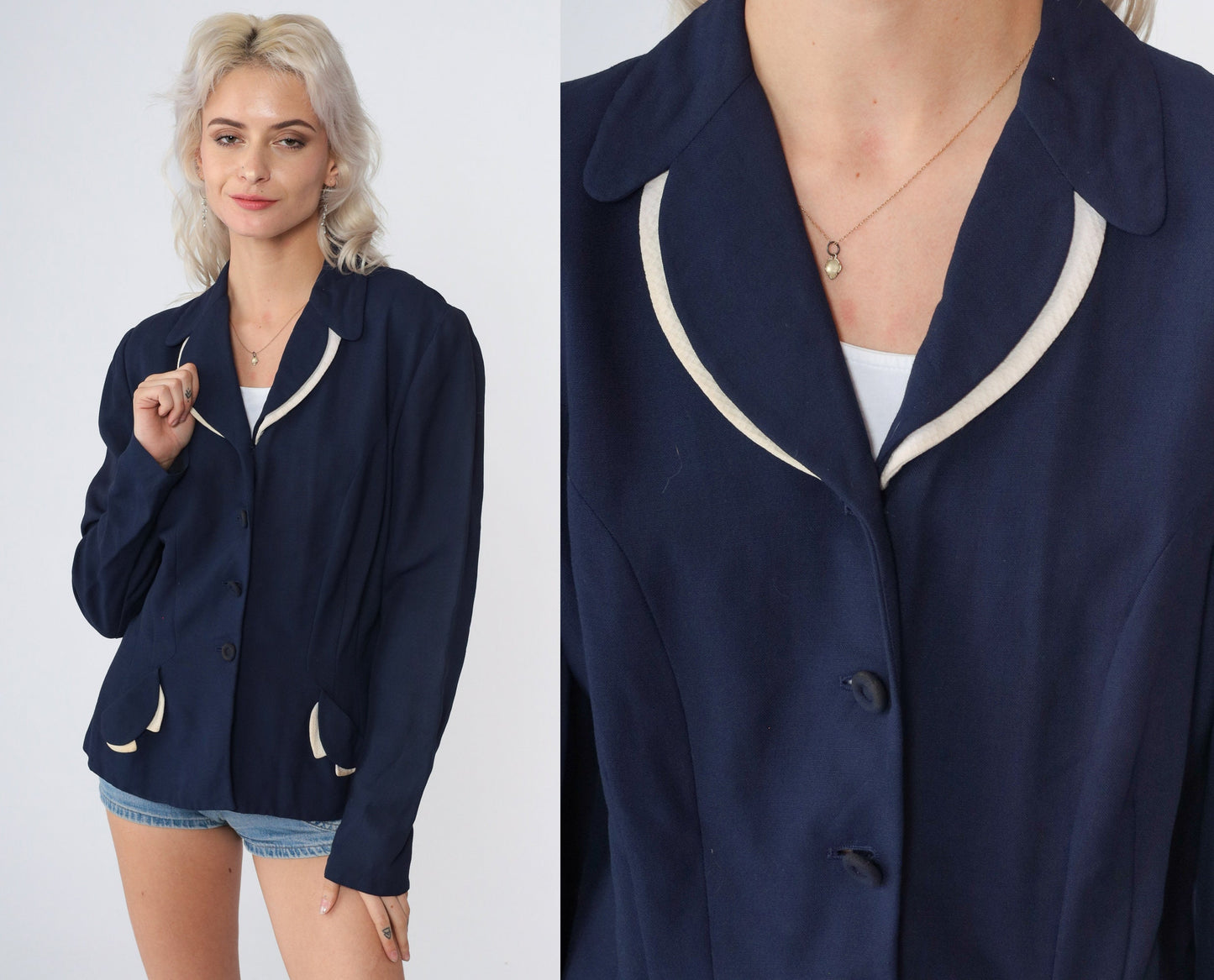 1940s Navy Wool Gabardine Blazer Cream Trim Button-Up Jacket Medium M